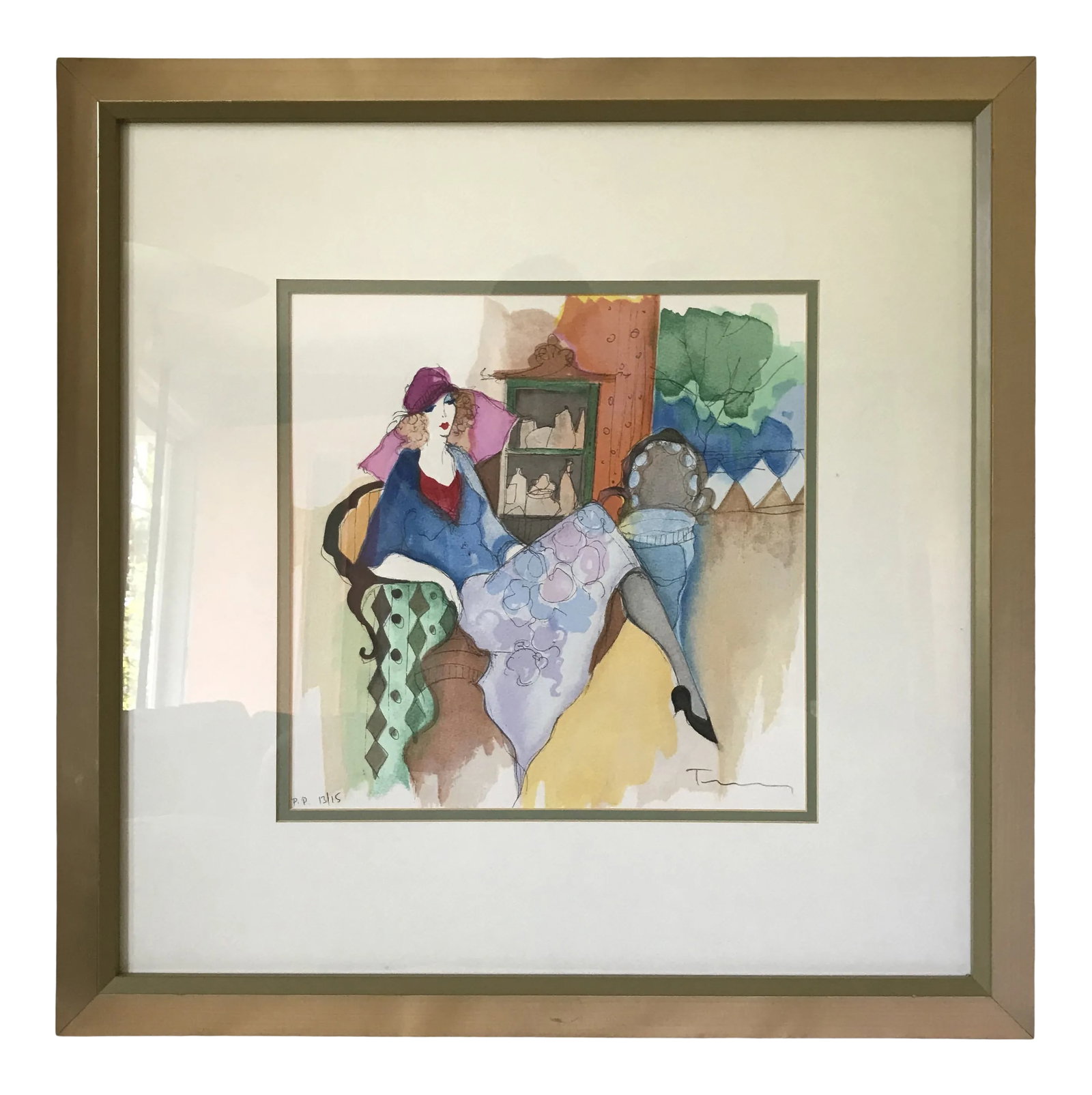 Itzchak Tarkay Lithograph, Printer's Proof: Beautiful colored lithograph by Itzchak Tarkay. This particular piece is a rare printer's proof, hand signed and numbered 13 of 15 in pencil. Double matted and displayed in a gold wood frame behind gl