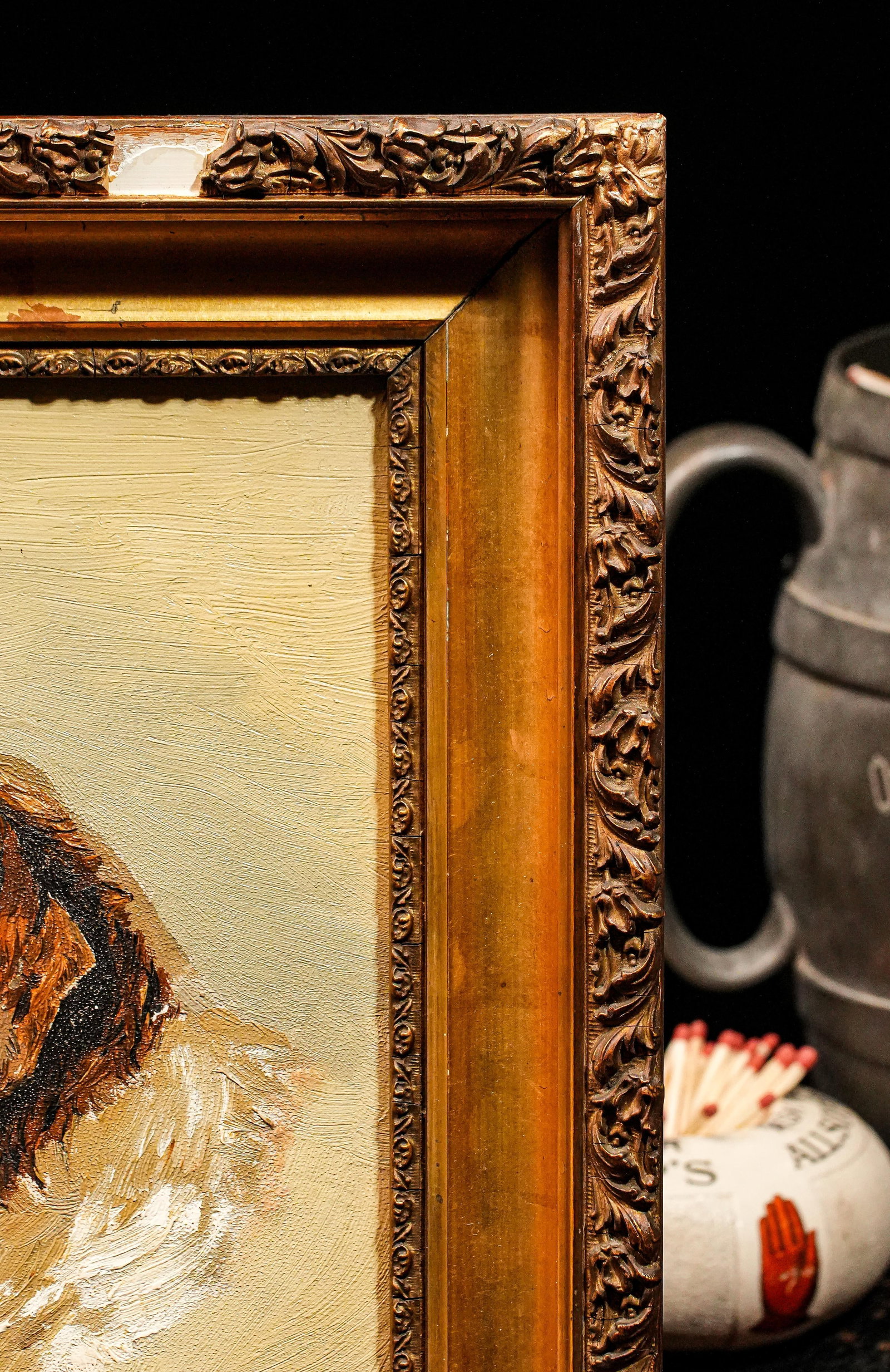 Victorian Antique Oil Painting Portrait of Pet St. Bernard Dog Ornate Gold Frame - 10