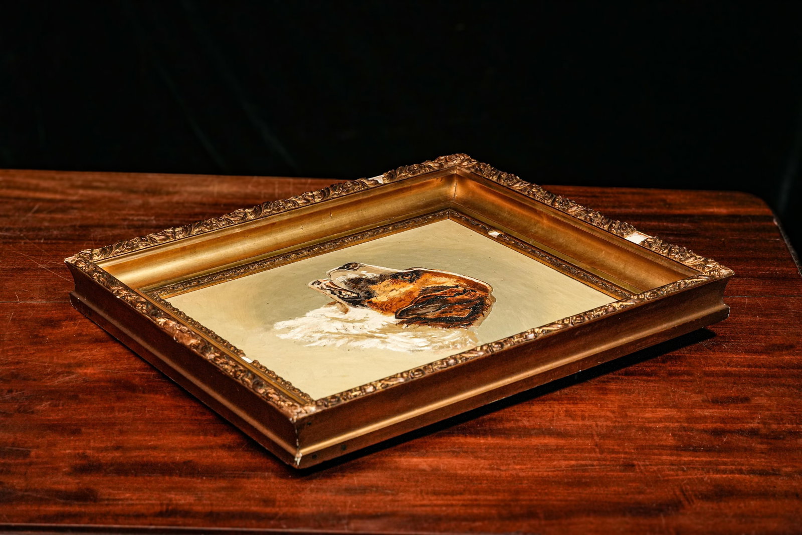 Victorian Antique Oil Painting Portrait of Pet St. Bernard Dog Ornate Gold Frame - 11
