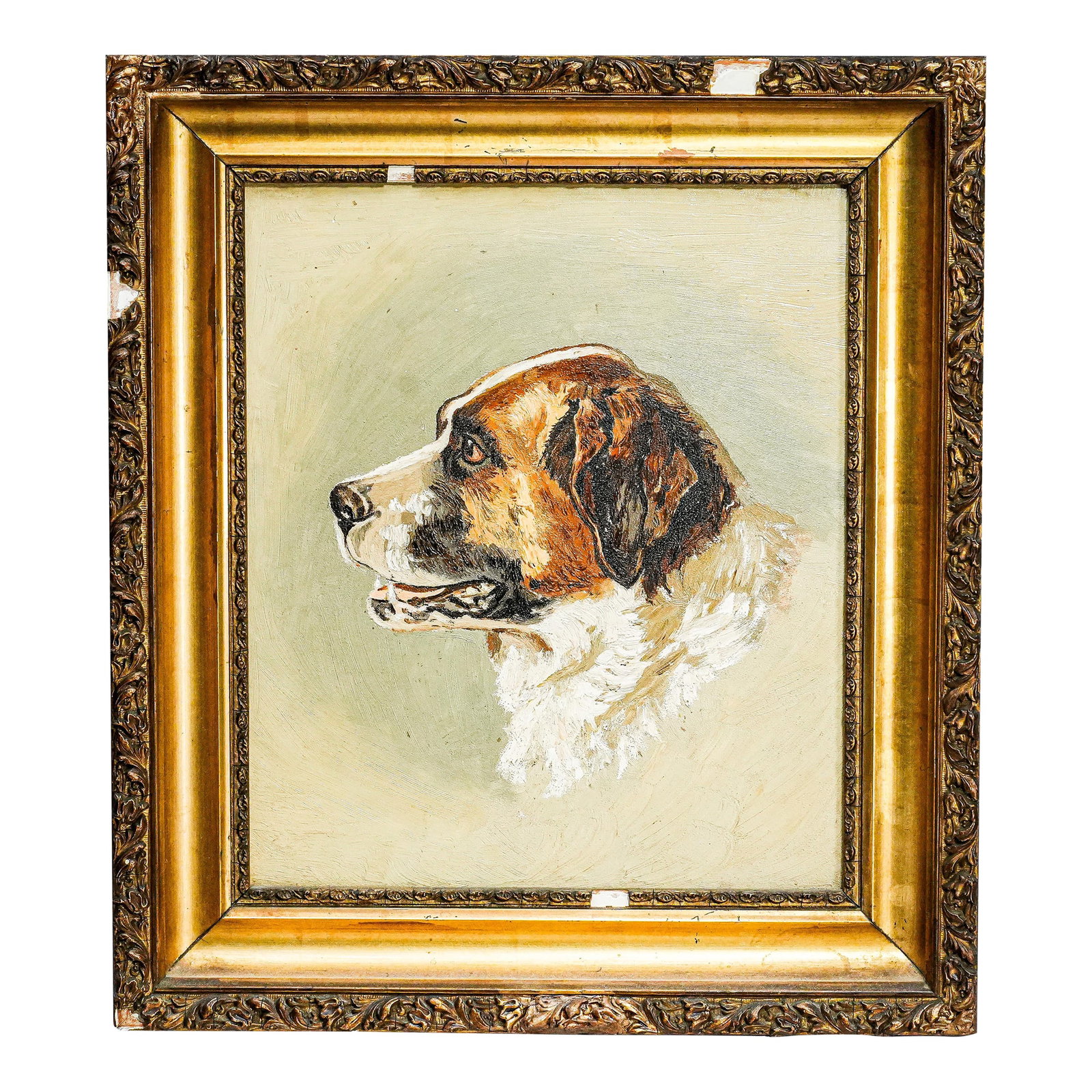 Victorian Antique Oil Painting Portrait of Pet St. Bernard Dog Ornate Gold Frame: Step back into the elegance of the Victorian era with this stunning antique oil painting on board featuring a soulful St. Bernard dog. This remarkable piece of art captures the noble spirit of the
