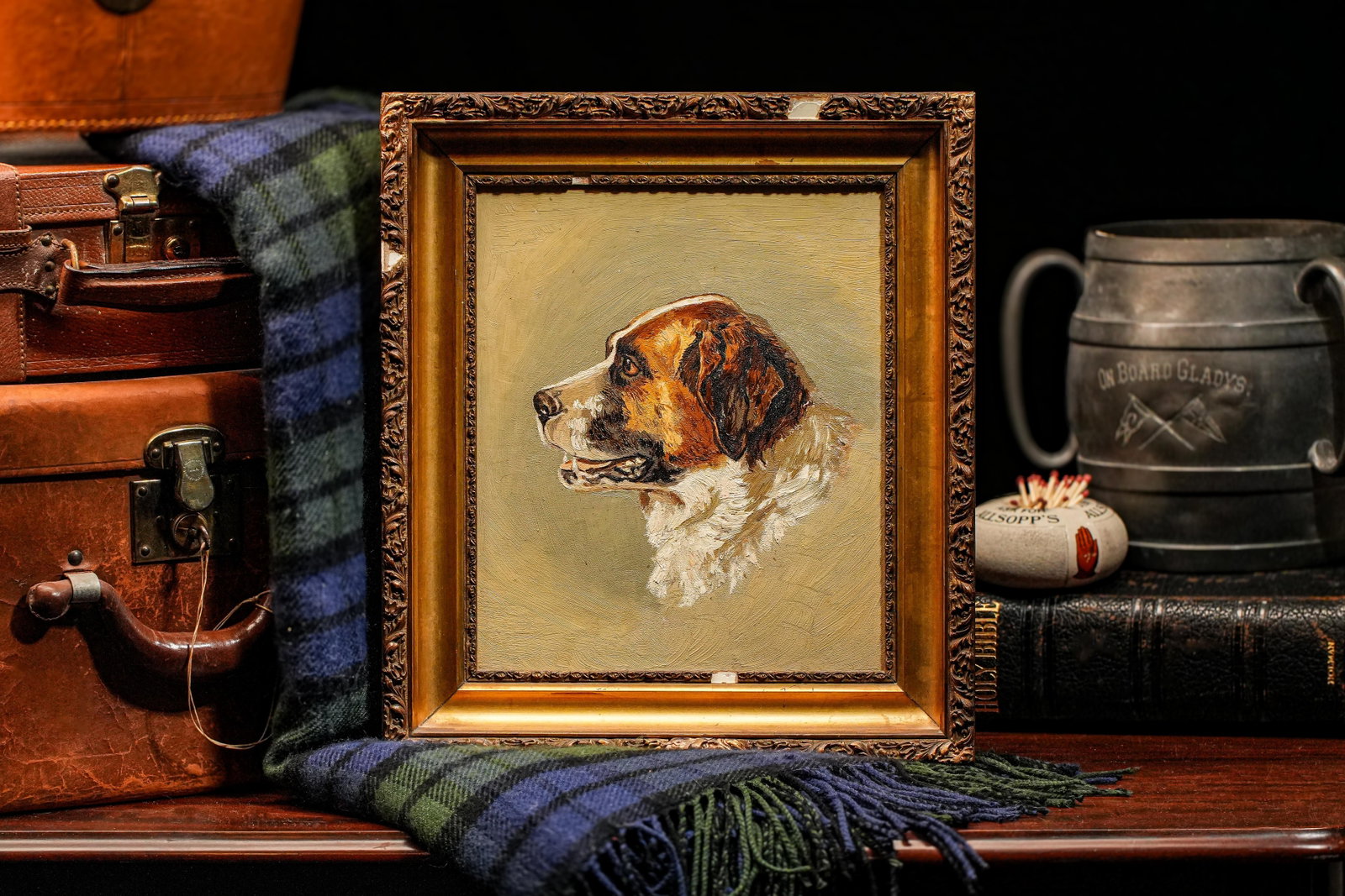 Victorian Antique Oil Painting Portrait of Pet St. Bernard Dog Ornate Gold Frame - 2