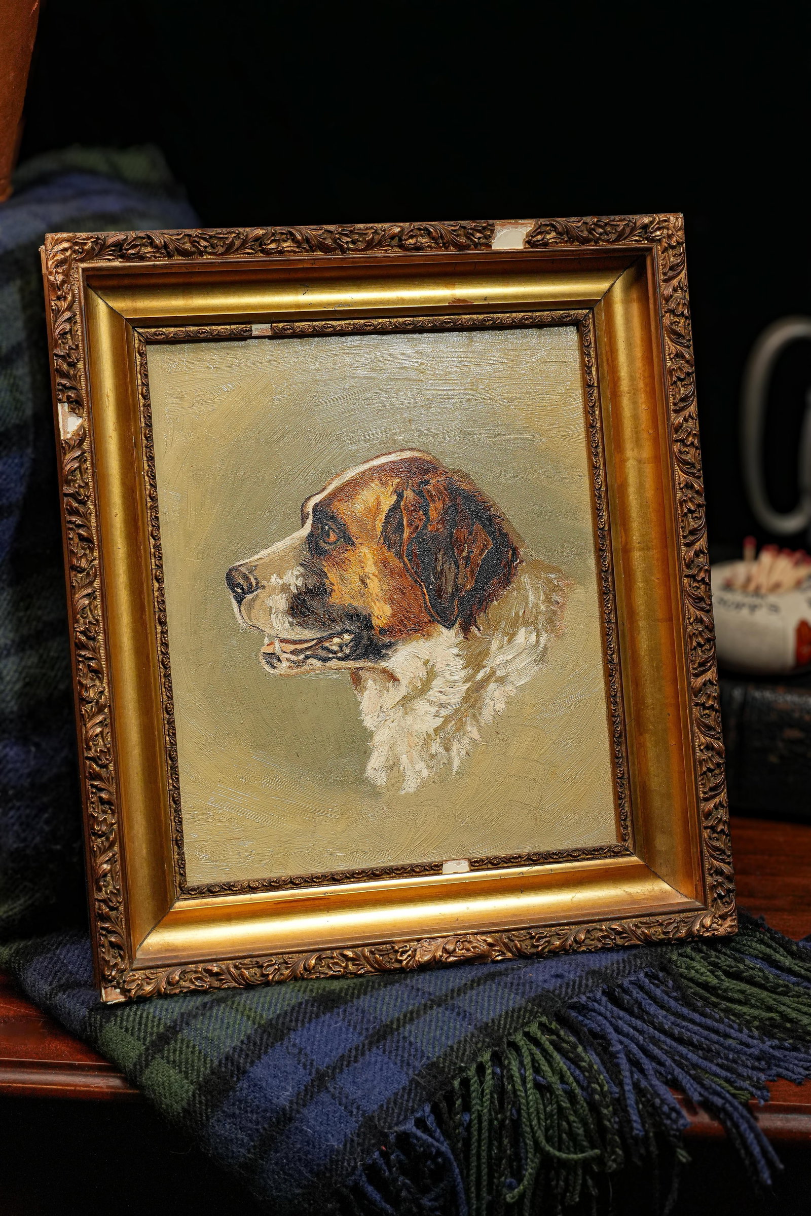 Victorian Antique Oil Painting Portrait of Pet St. Bernard Dog Ornate Gold Frame - 3
