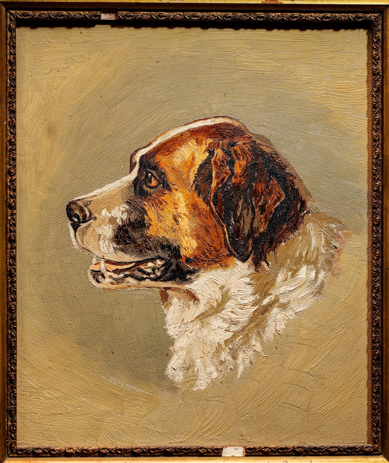 Victorian Antique Oil Painting Portrait of Pet St. Bernard Dog Ornate Gold Frame - 4