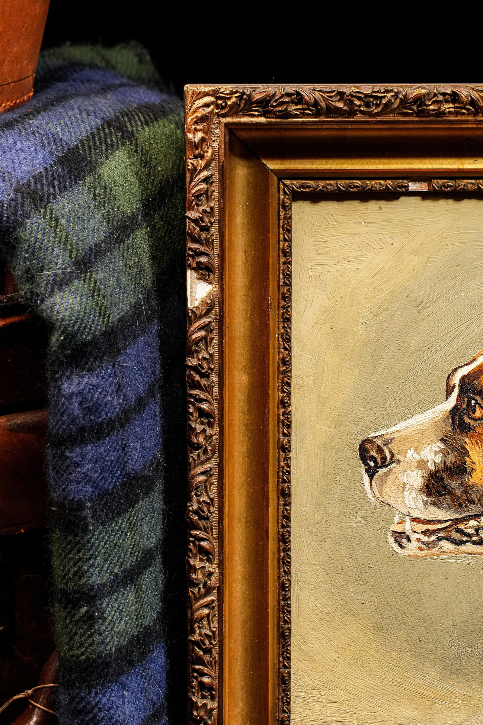 Victorian Antique Oil Painting Portrait of Pet St. Bernard Dog Ornate Gold Frame - 9