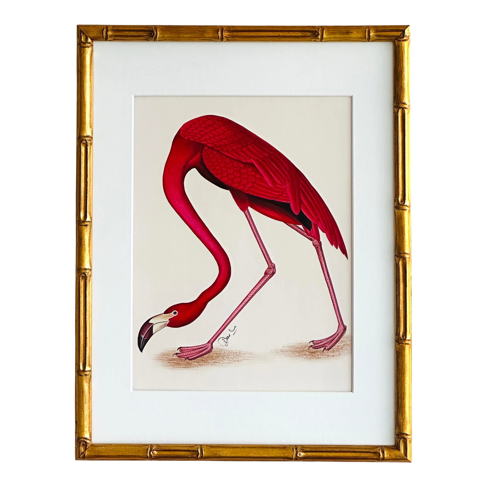 Large Original Hand-Painted Flamingo Painting, Framed: Finely detailed, this hand-painted flamingo in a deep pink, is painted by our master artist using acryllic paint and natural pigments on heavy handmade paper. Signed. Framed in a wooden gold finish fa