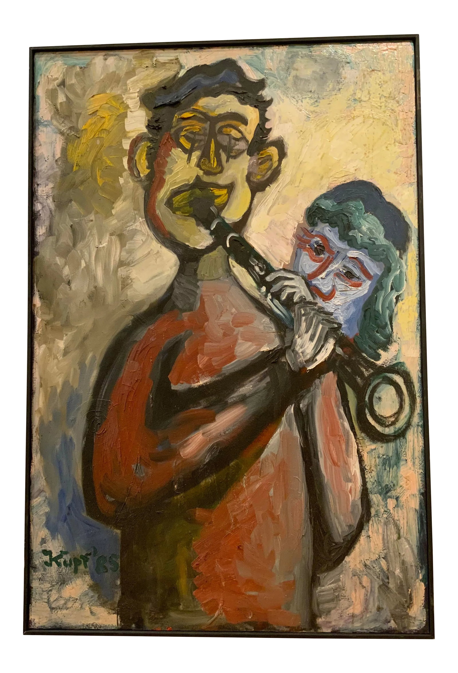 1985 Vintage Oil on Canvas Painting Portrait of a Clarinet Player by Meyer Kupferman: Fun, beautifully stylized painting of a clarinet player by great New York artist , jazz musician and composer Meyer Kupferman ( 1926-2003). Signet "Kurf 85" lower left . Basic simple gallery frame Con