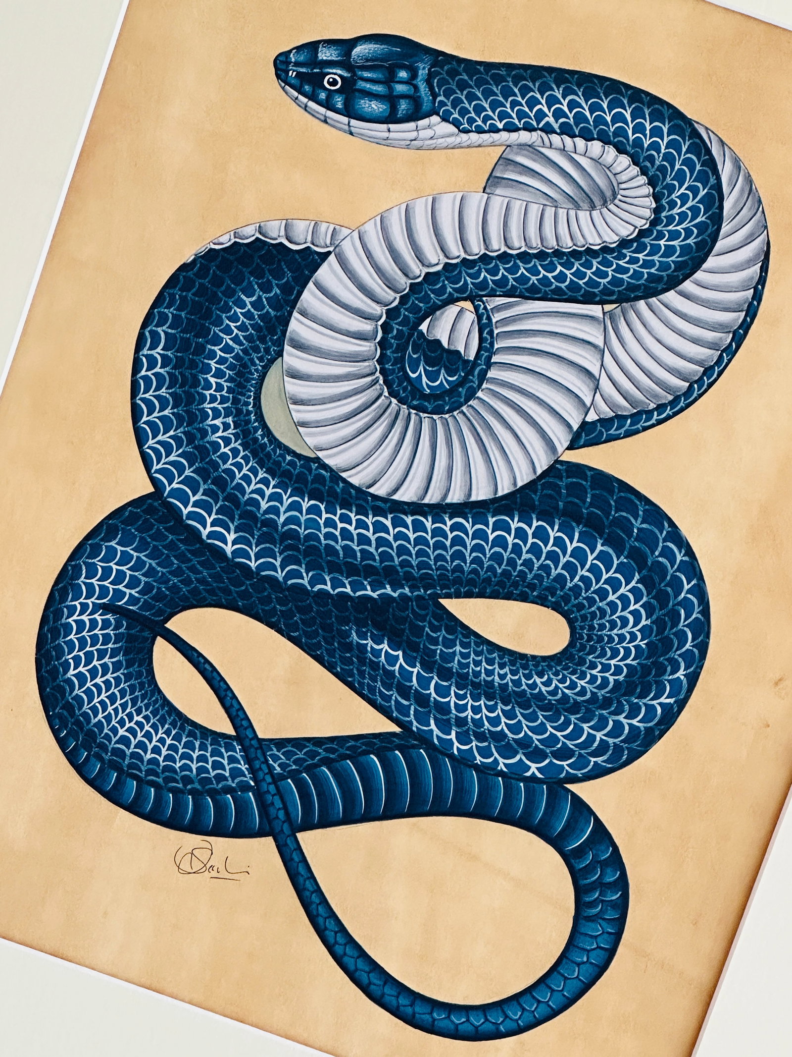 Original Hand-Painted Snake Painting in a Pine Wood Frame - 2