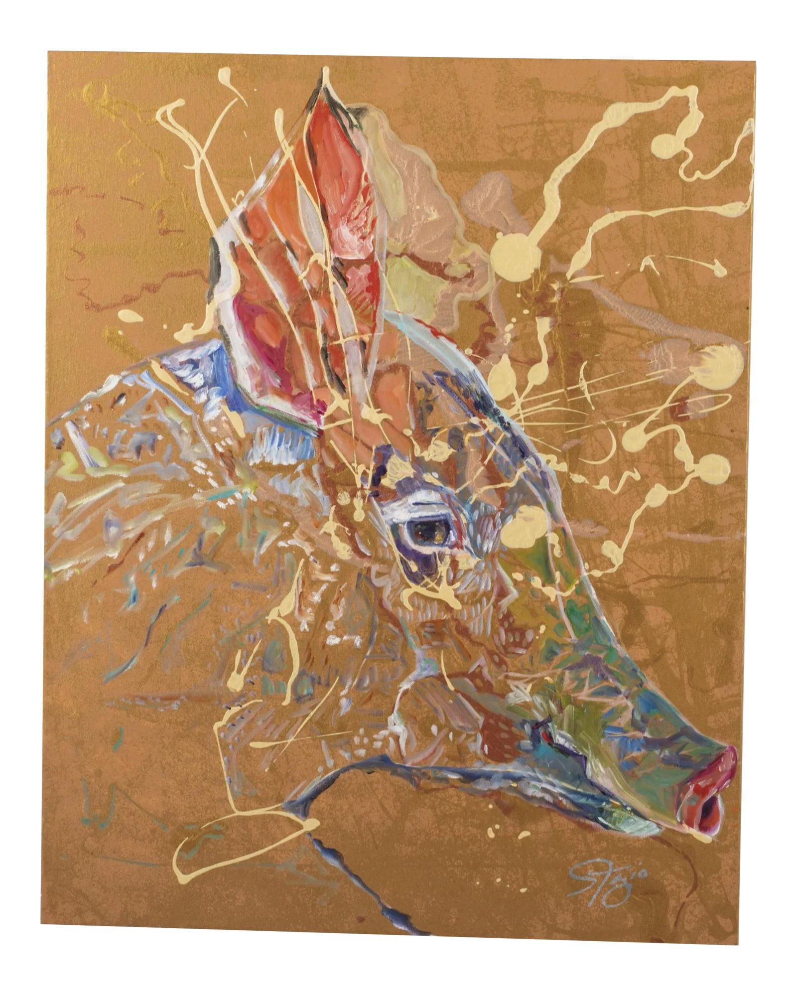 20th Century Sue Fazio Pig Portrait Abstract Oil on Canvas: Sue Fazio (NC, 20th/21st C), Pig, Oil on Canvas, signed lower right, depicting a multicolored pig on a gold background, unframed. Growing up on a farm in Ohio taught Sue the appreciation of animals