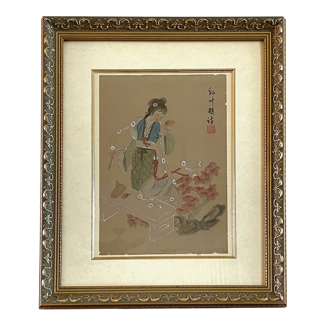 1970s Chinese Poem Autum Leaf Goddes Art Dynasty Signed Painting on Silk: The possibly artist's signature seal translated to A Poem Inscribed on An Autumn Leaf. This super attractive Chinese calligraphy scrolls silk painting, inspires traditional indoor, showcasing a