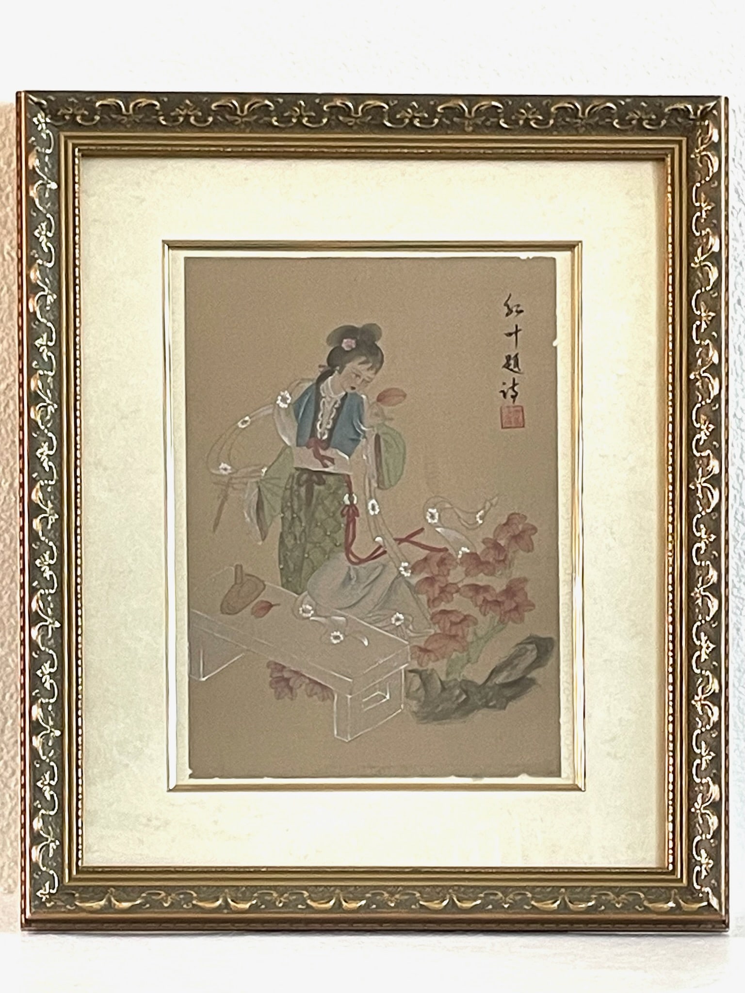 1970s Chinese Poem Autum Leaf Goddes Art Dynasty Signed Painting on Silk - 2
