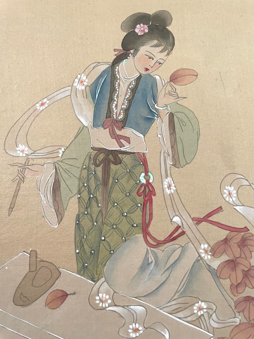 1970s Chinese Poem Autum Leaf Goddes Art Dynasty Signed Painting on Silk - 7