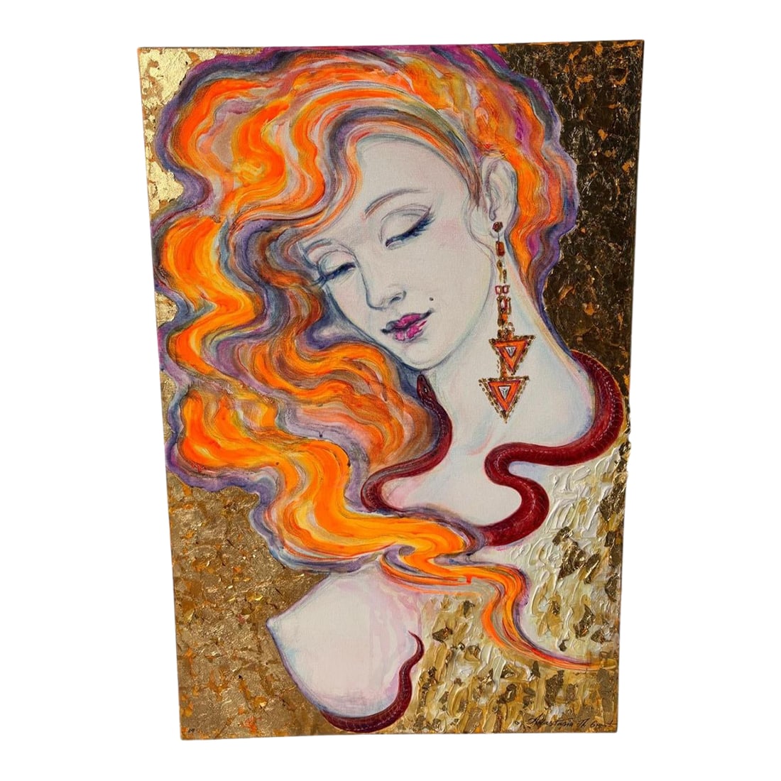 Original Signed Gold Leaf Portrait "Love" by Anastasia the Great: Original mixed media painting titled "Love" (2008) by Anastasia The Great. Blending feminine elegance with bold expressionist energy, this stylized woman with radiant orange and purple hair is set