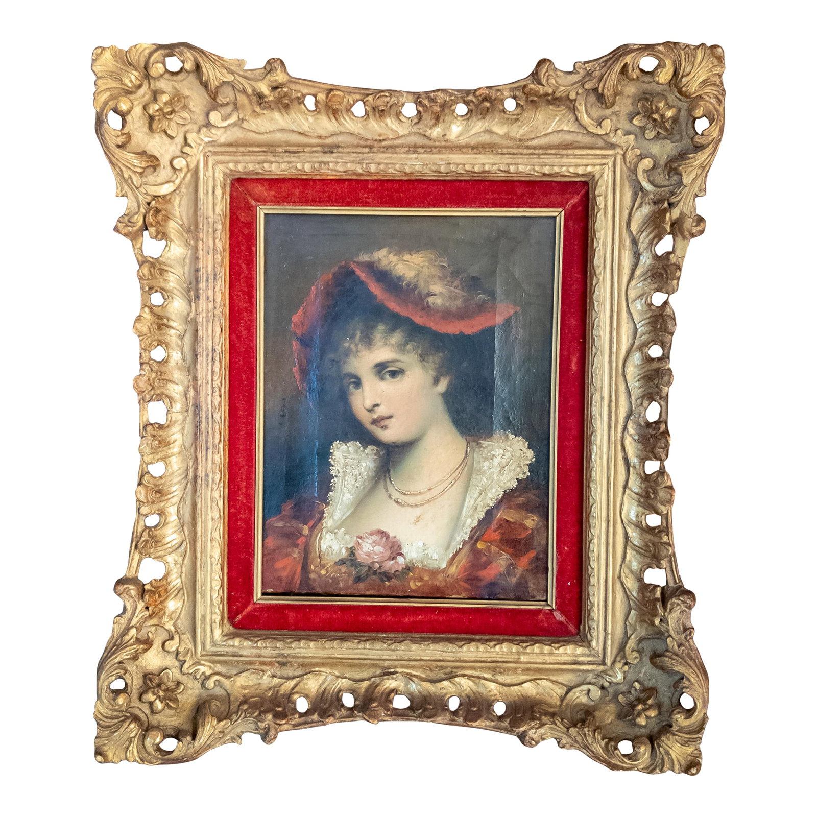 19th Century Continental European French Style Portrait Painting of a Lady in Red, Signed: We are selling this simple traditional portrait painting of a lady. The lady is well dressed in red with a fancy red hat. The style of the painting is Continental and may be French or German. The