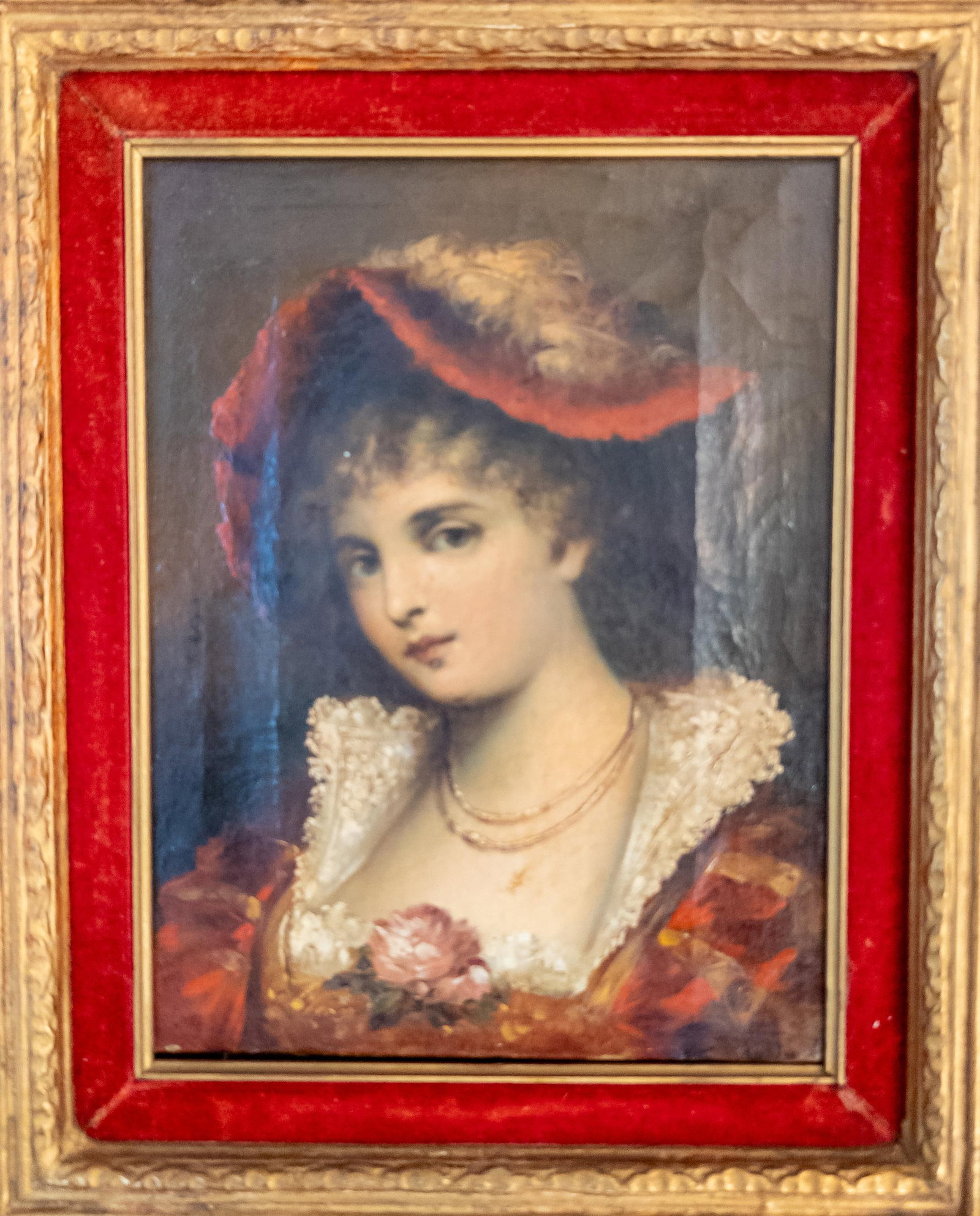 19th Century Continental European French Style Portrait Painting of a Lady in Red, Signed - 2