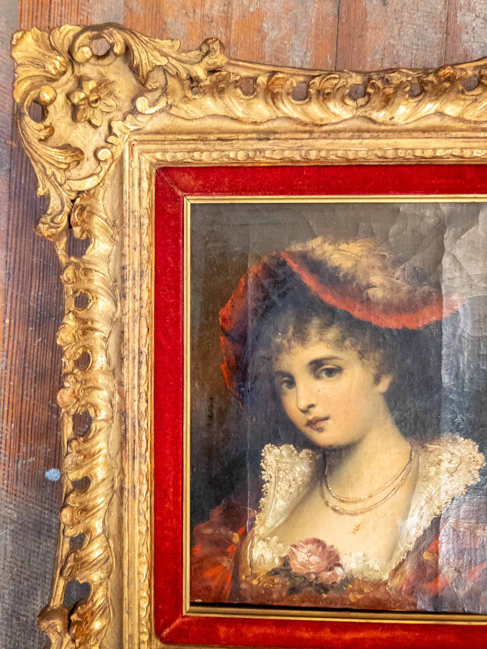 19th Century Continental European French Style Portrait Painting of a Lady in Red, Signed - 3