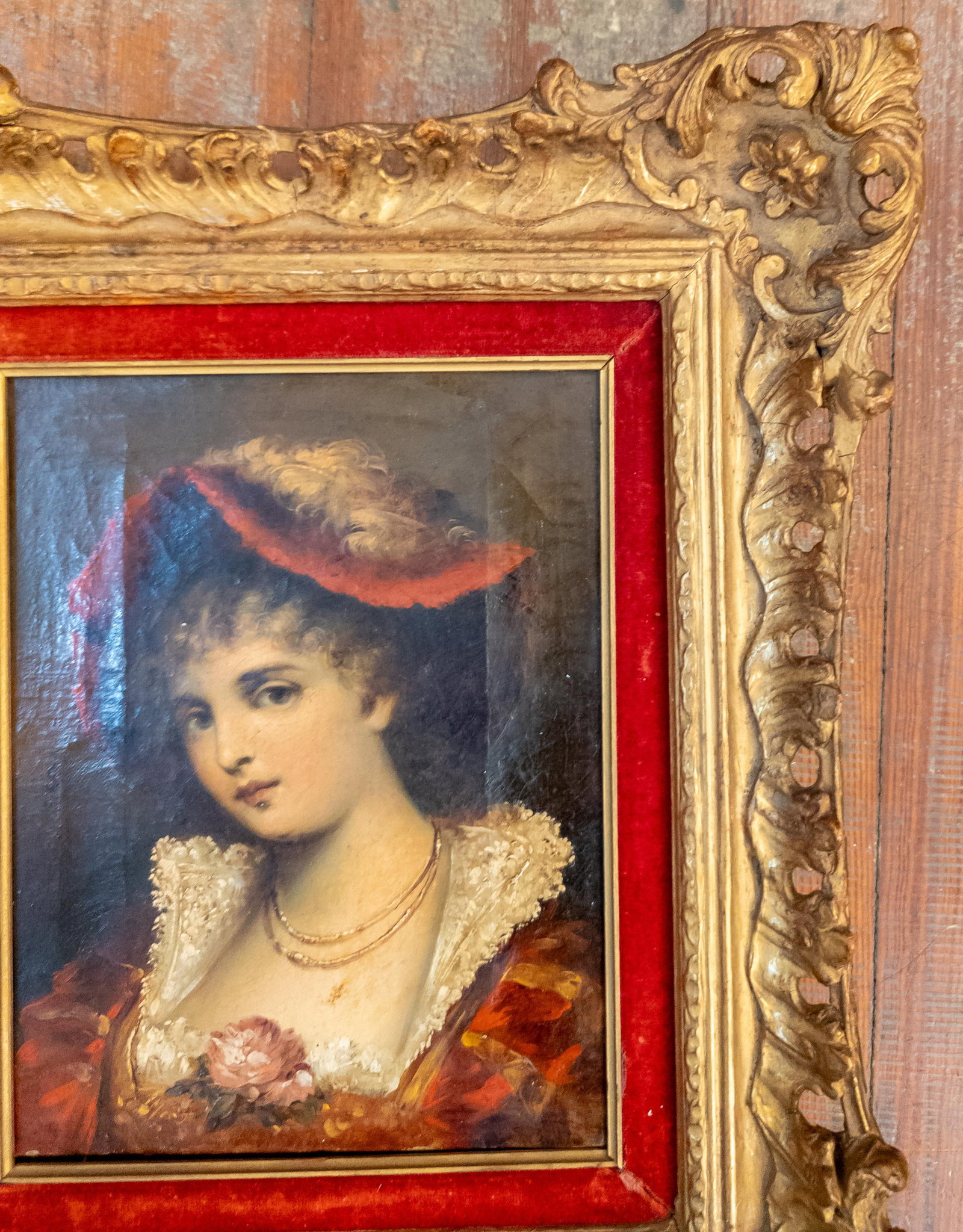 19th Century Continental European French Style Portrait Painting of a Lady in Red, Signed - 4