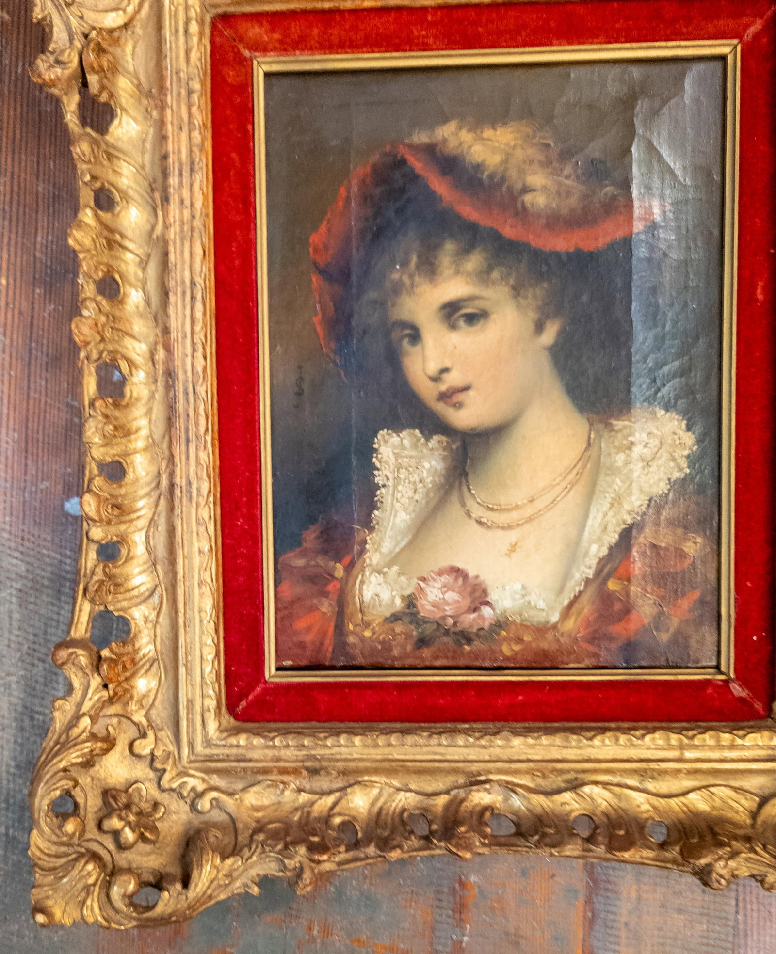 19th Century Continental European French Style Portrait Painting of a Lady in Red, Signed - 6