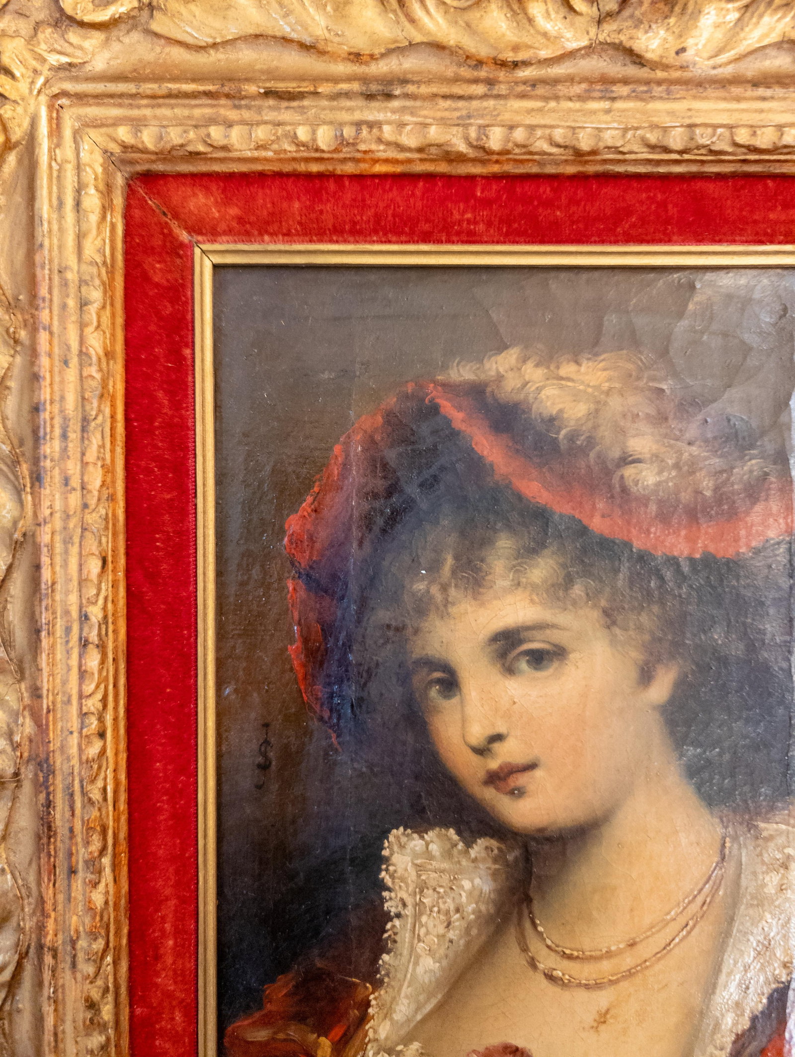 19th Century Continental European French Style Portrait Painting of a Lady in Red, Signed - 8