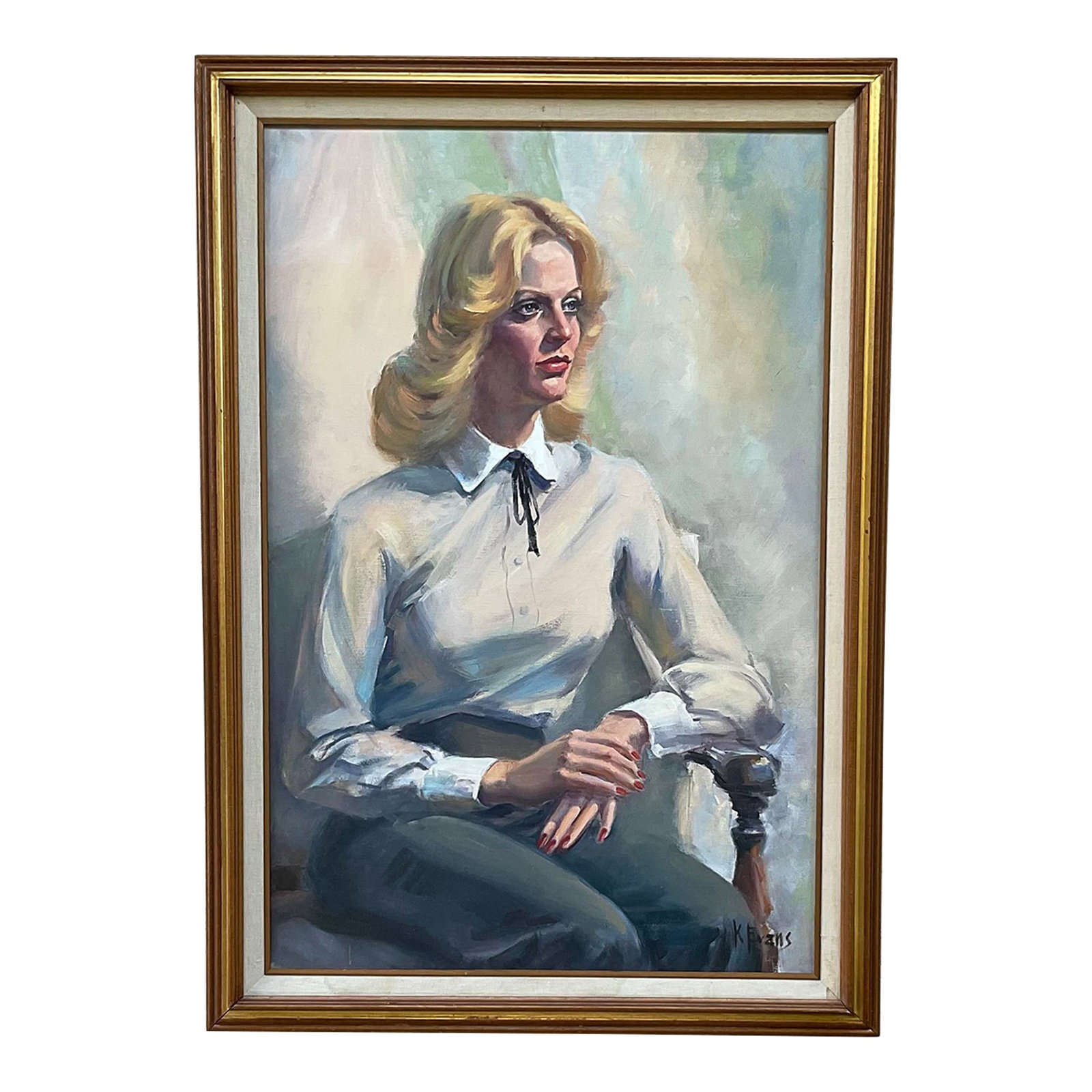 Vintage 1970s Fine Art Oil Portrait - Signed by Florida Artist K. Evans: captivating original oil painting, a quintessential example of mid-to-late 20th-century American portraiture. This soulful piece features a stunning blonde woman with a classic "Farrah" style