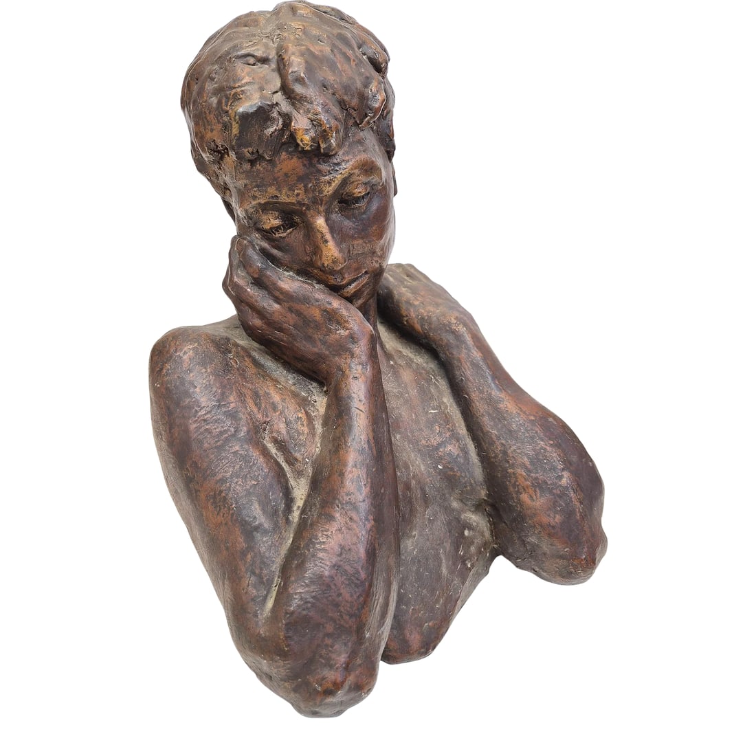 1980s Vintage Bust, Signed by Artist: This is a vintage 1980s bust done with Plaster of Paris (PoP). This sculpture is signed on the back by artist Rita Coppel in 1985. Condition: Alterations: Original Condition Unaltered Imperfections:
