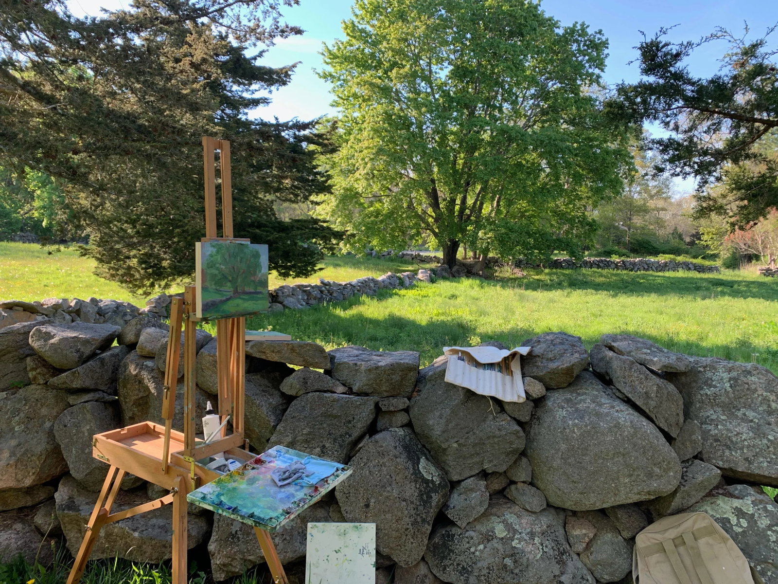 "Stone Walls Meet at the Big Tree" Contemporary Plein Air Acrylic Painting by Stephen Remick - 2