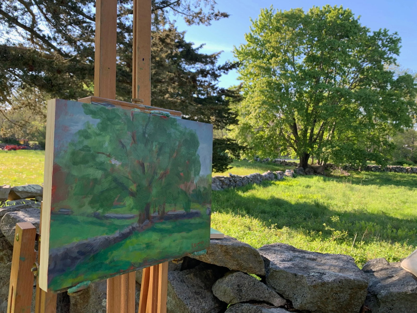 "Stone Walls Meet at the Big Tree" Contemporary Plein Air Acrylic Painting by Stephen Remick - 3