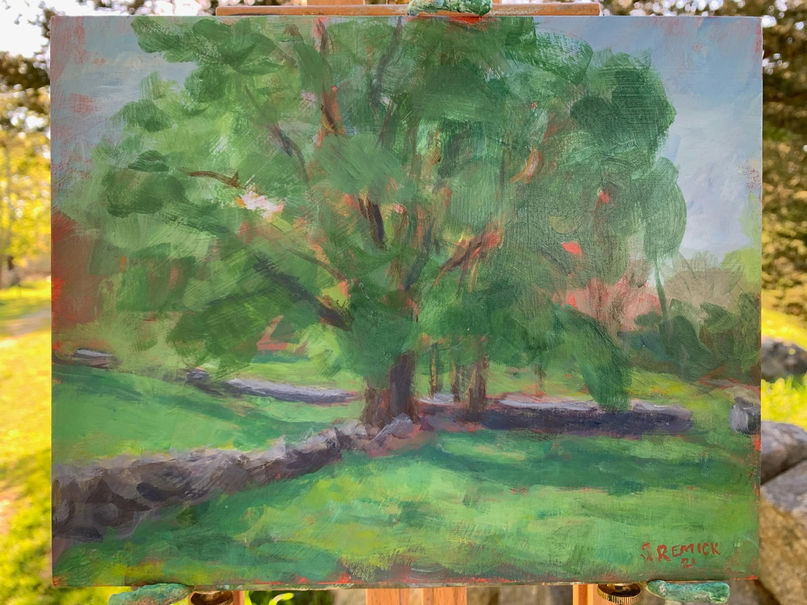 "Stone Walls Meet at the Big Tree" Contemporary Plein Air Acrylic Painting by Stephen Remick - 7