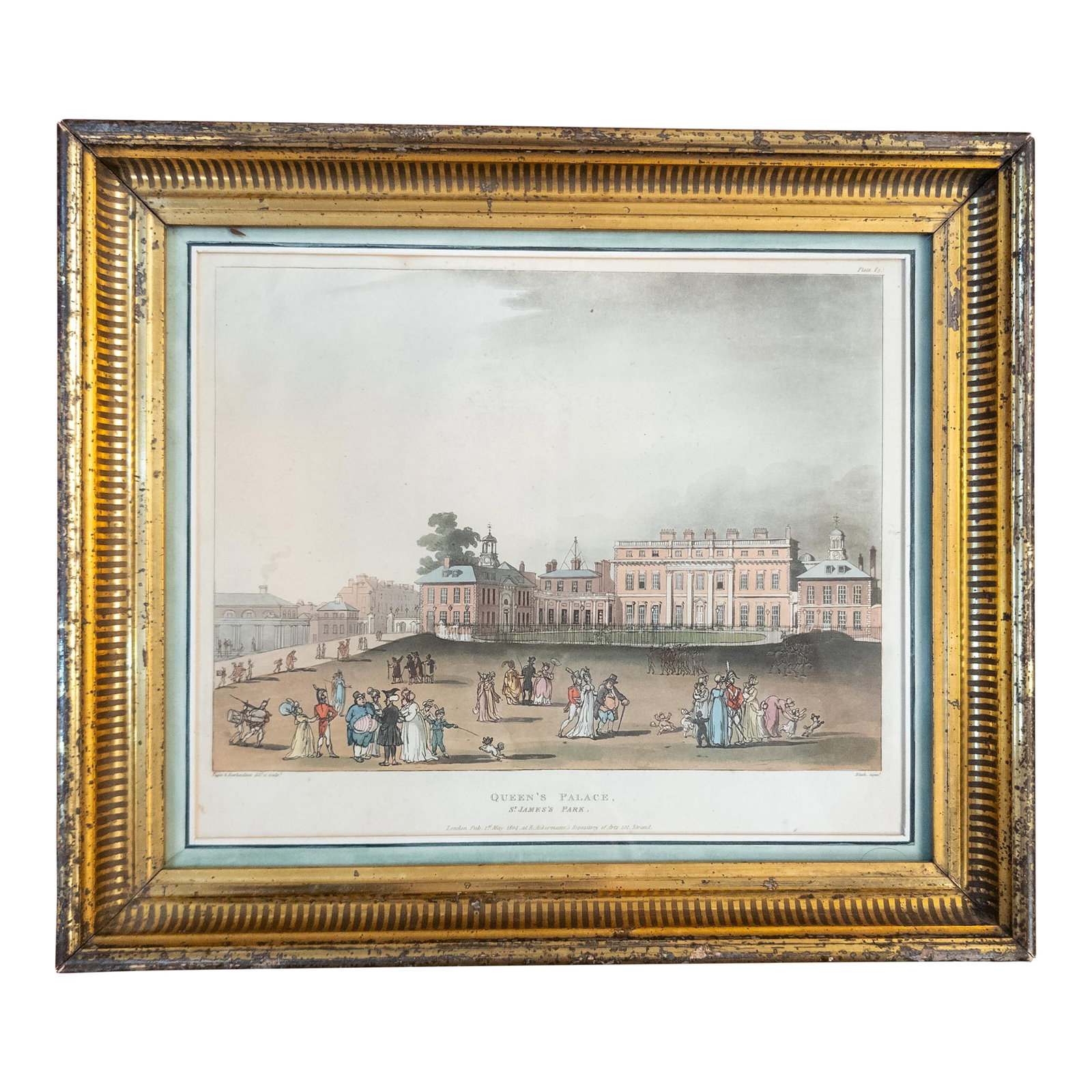 19th Century American Lemon Gold Frame With Hand Colored English Print: We are selling this hand colored English print of the Queen's Palace at St. James park. The lithograph print is housed in a very nice lemon gold American frame. Condition: Print is in good condition. 