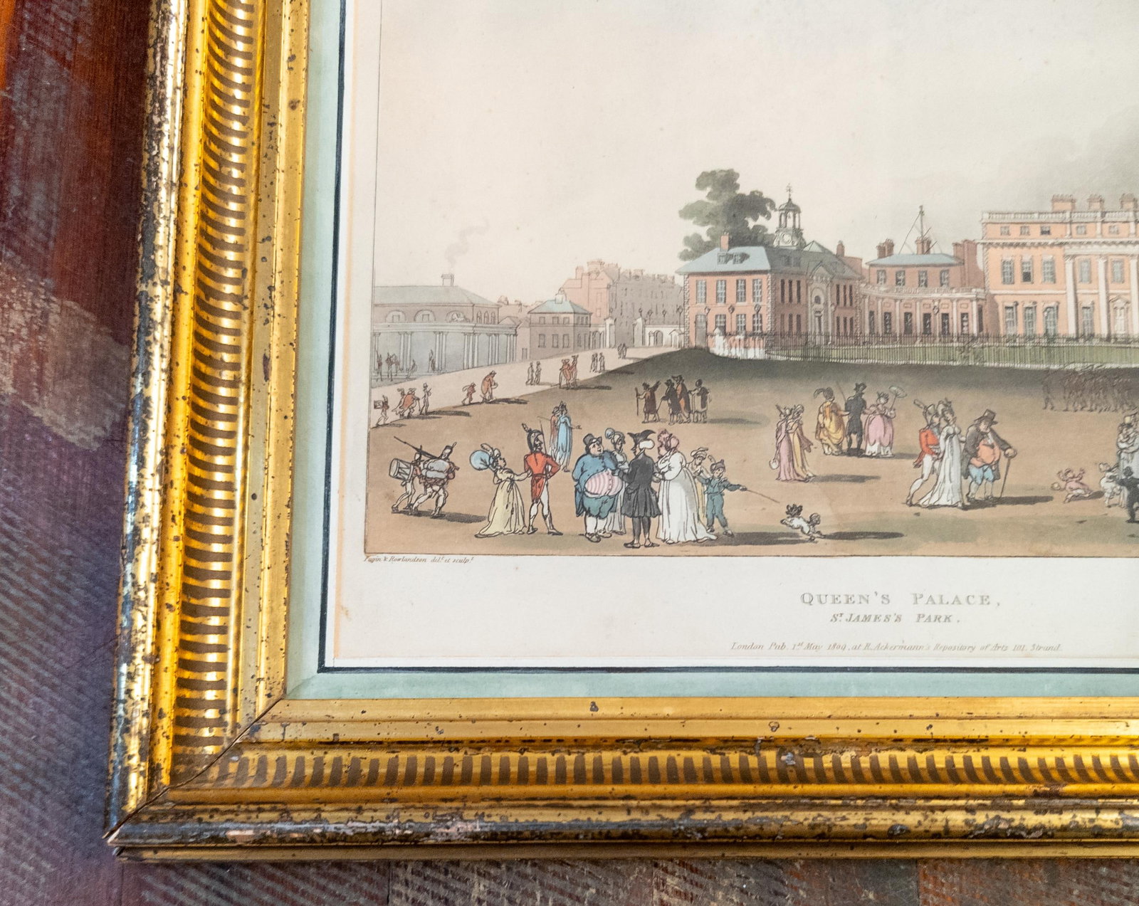 19th Century American Lemon Gold Frame With Hand Colored English Print - 8