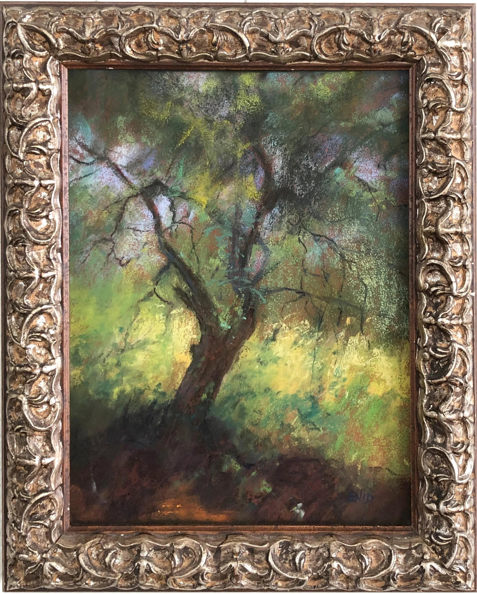 Contemporary Landscape Pastel Drawing - Enid Wood: This vibrant study of a tree in summertime is rendered in bold and beautifully blended pastel paints. The entire piece is infused with color, light and a peaceful dreamy energy. Enid Wood is a