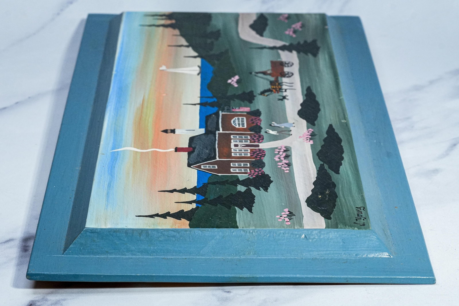 Vintage Folk Art Oil Painting Wood Board New England Coast Scene Country Home Decor - 12
