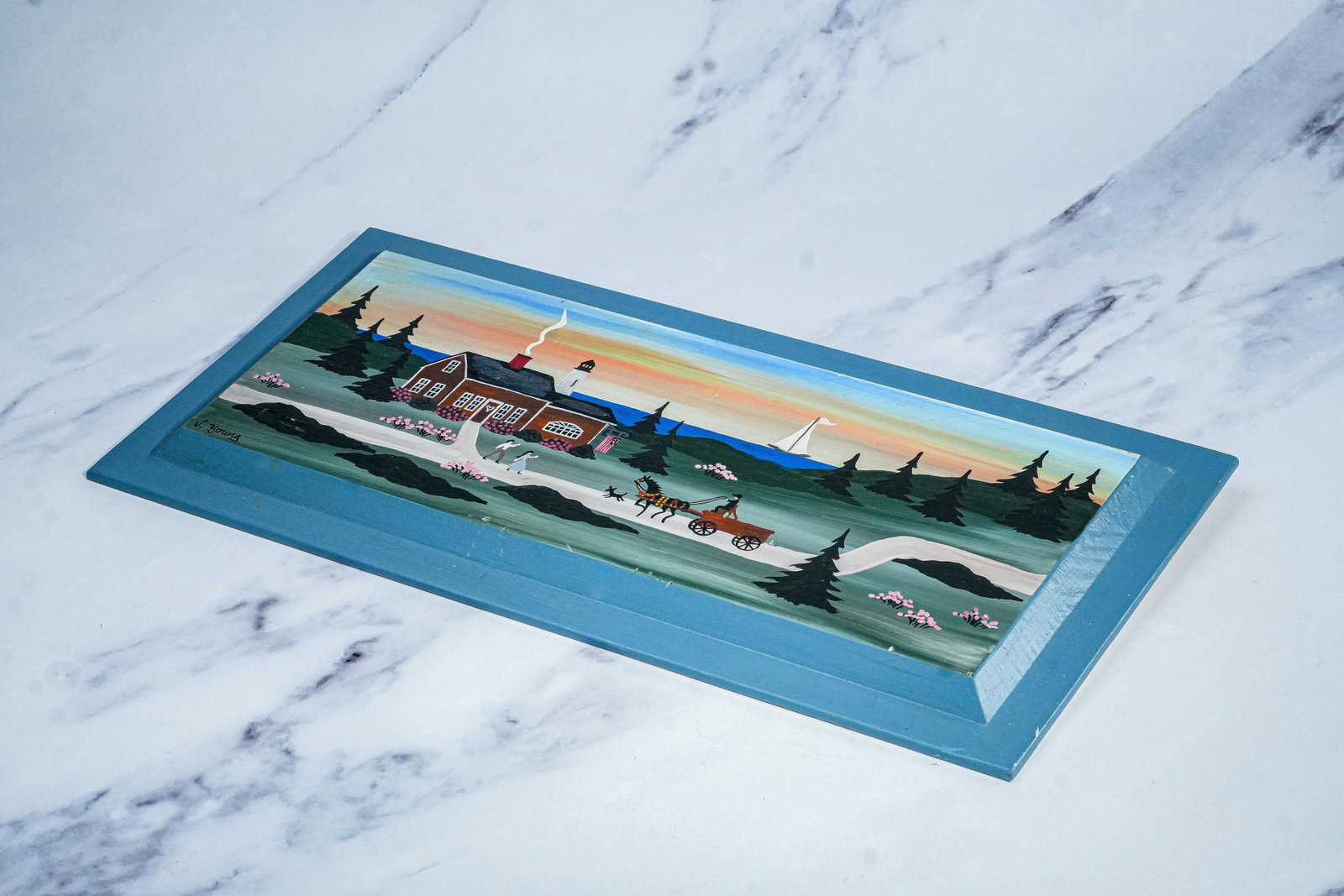 Vintage Folk Art Oil Painting Wood Board New England Coast Scene Country Home Decor - 14
