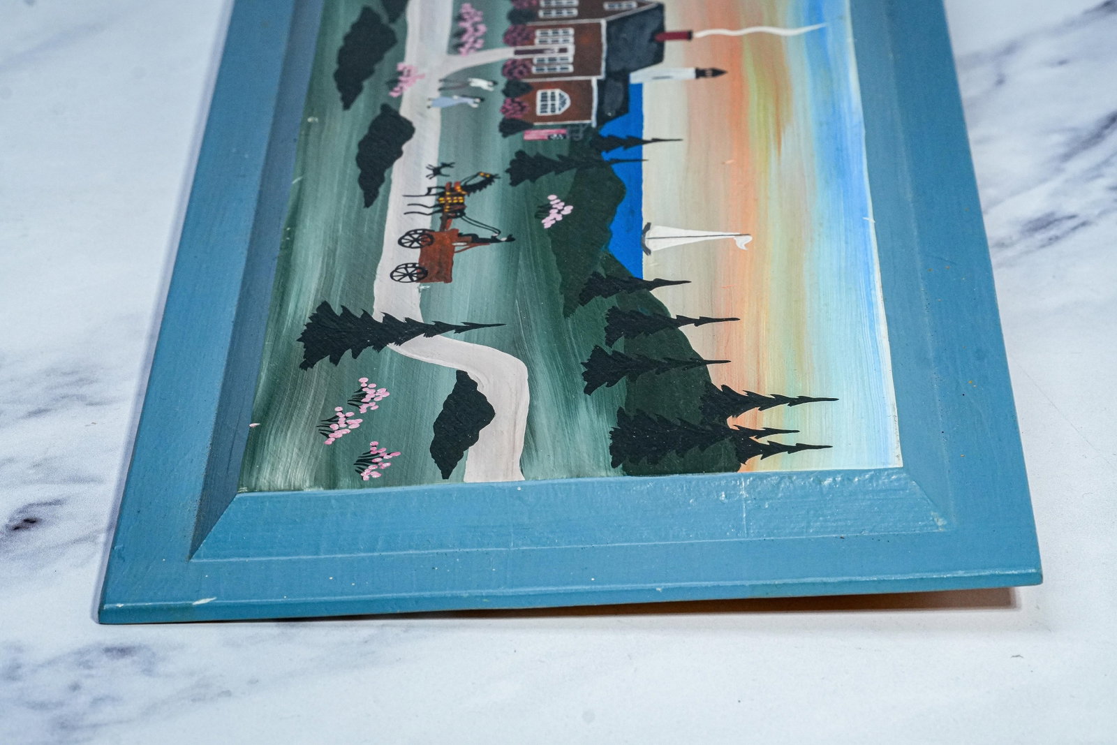 Vintage Folk Art Oil Painting Wood Board New England Coast Scene Country Home Decor - 15