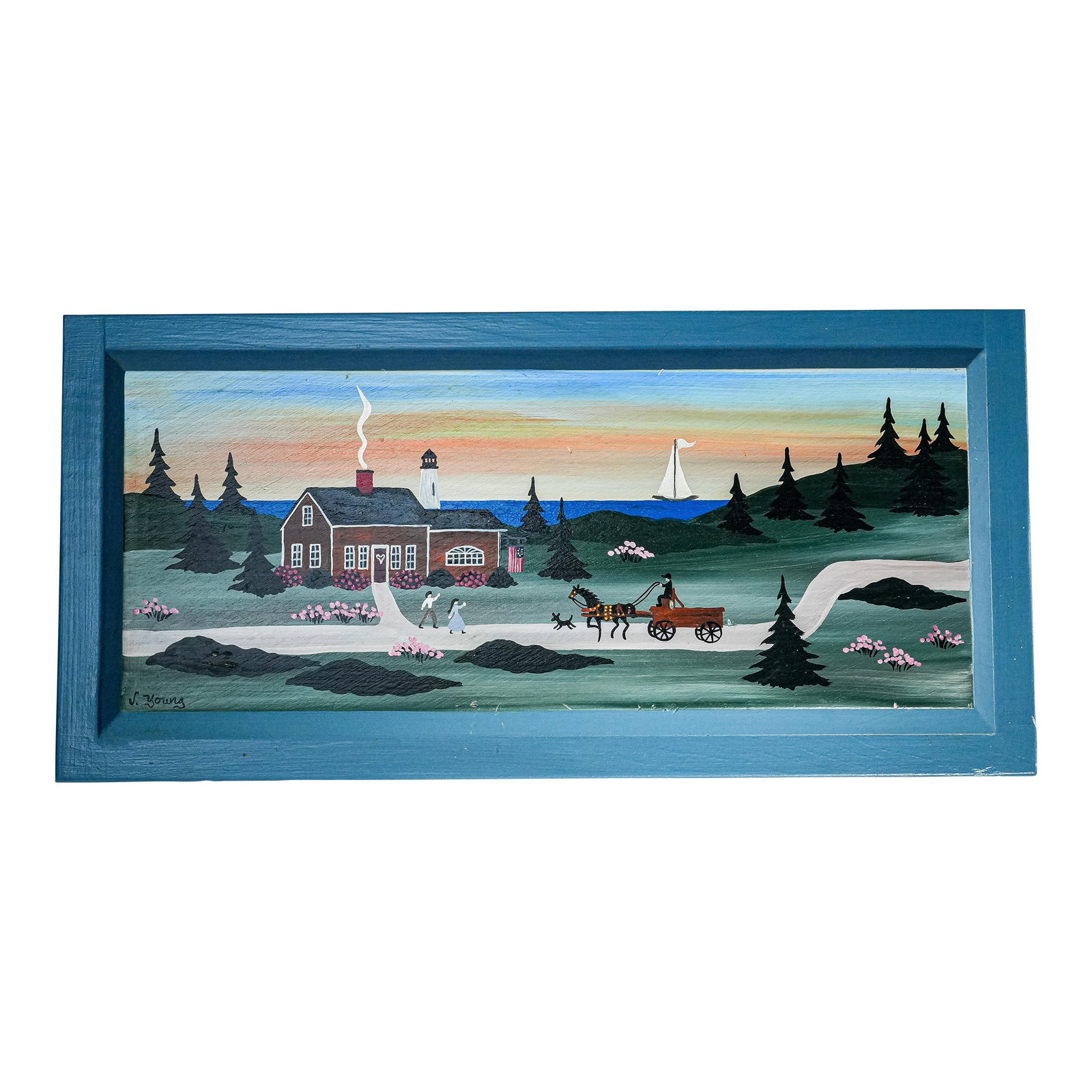 Vintage Folk Art Oil Painting Wood Board New England Coast Scene Country Home Decor: This delightful folk art painting by artists Virginia Young, dating from the 1990s, is a beautifully crafted piece on a wooden panel that measures 17 inches long, 8.25 inches high, and 1 inch deep. Th