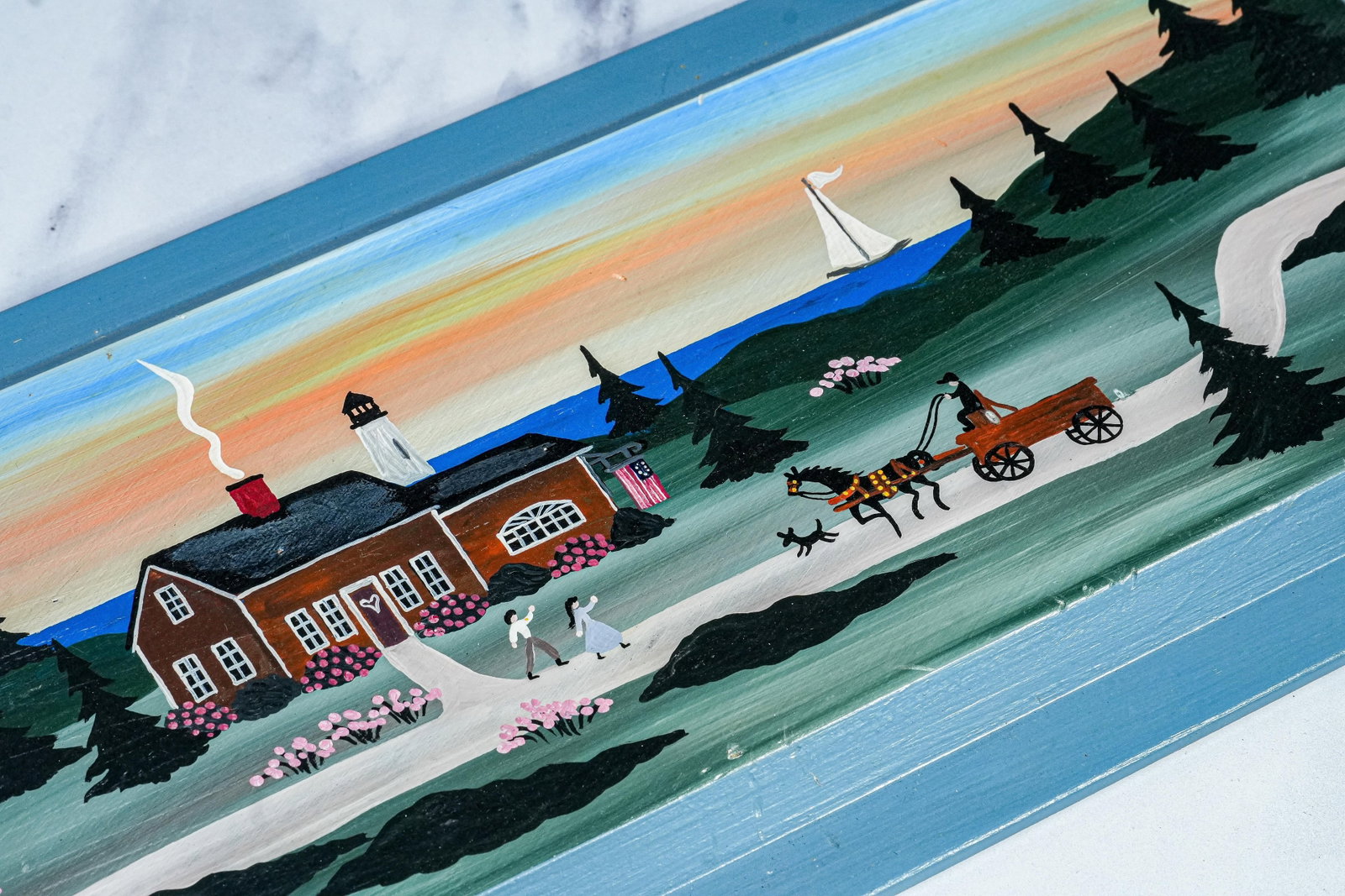 Vintage Folk Art Oil Painting Wood Board New England Coast Scene Country Home Decor - 2