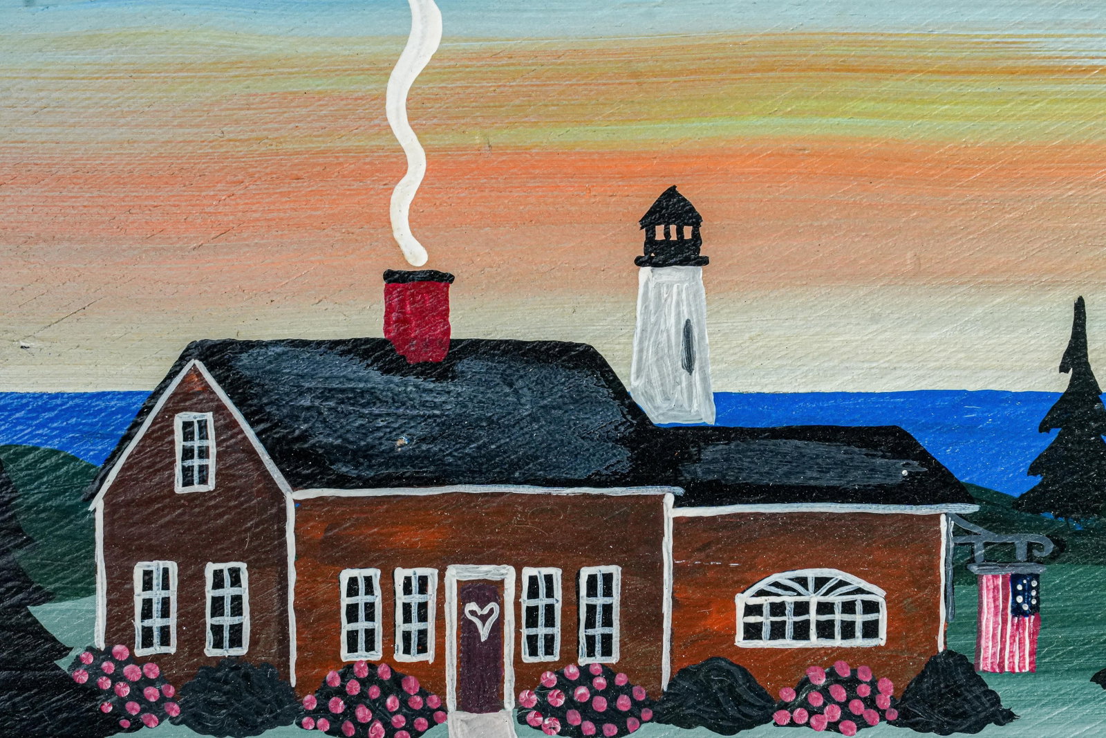 Vintage Folk Art Oil Painting Wood Board New England Coast Scene Country Home Decor - 3