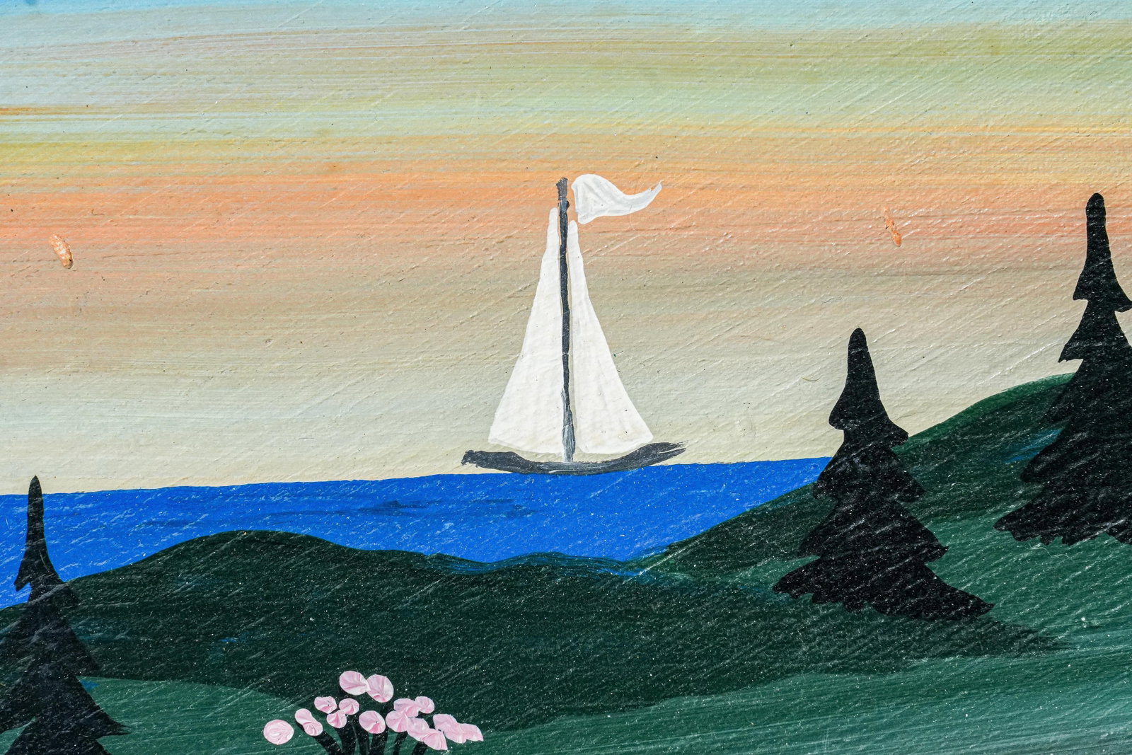 Vintage Folk Art Oil Painting Wood Board New England Coast Scene Country Home Decor - 7