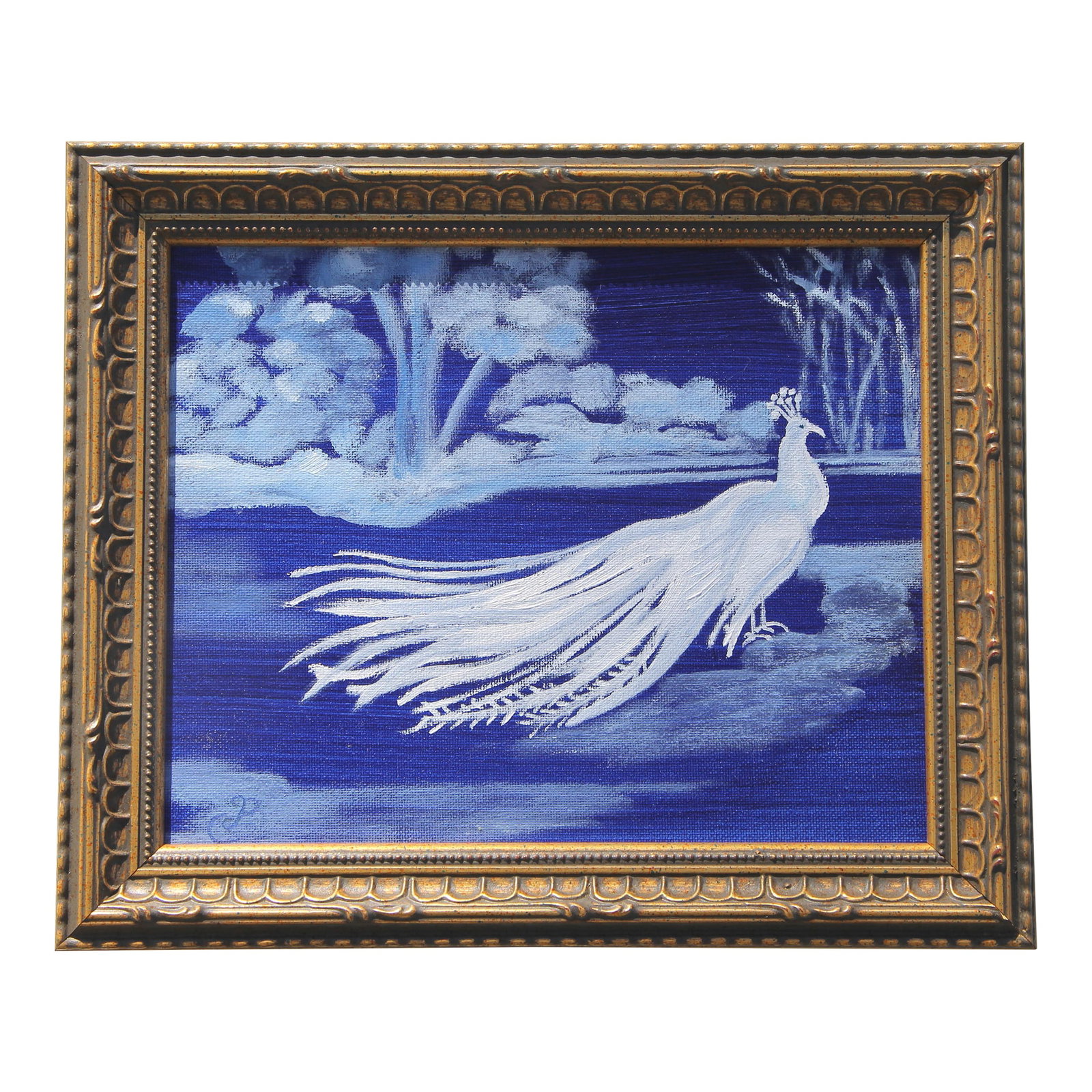 Bird Peacock Landscape Traditional Impressionist Blue White Original Oil Painting by Cleo Plowden: A traditional oil painting on canvas board of an exotic white peacock bird with feathers unfurled in shades of blue and white in a landscape. Goes well as a tropical accent with Chinoiserie, Oriental,