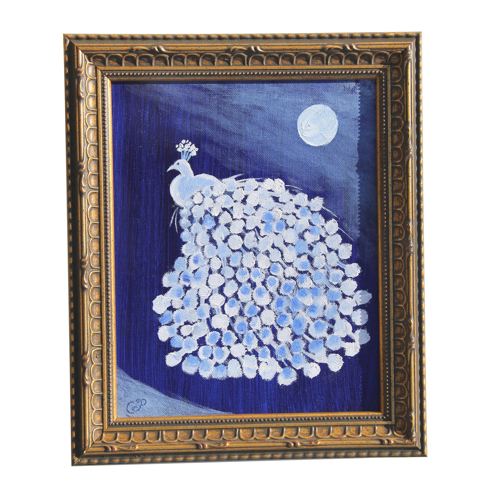 Peacock Bird Landscape Impressionism Realism Chinoiserie Blue White Original Oil Painting Cleo Plowd: A traditional oil painting on canvas board of an exotic white peacock bird with feathers unfurled in shades of blue and white .Goes well as a tropical accent with Chinoiserie, Oriental, or