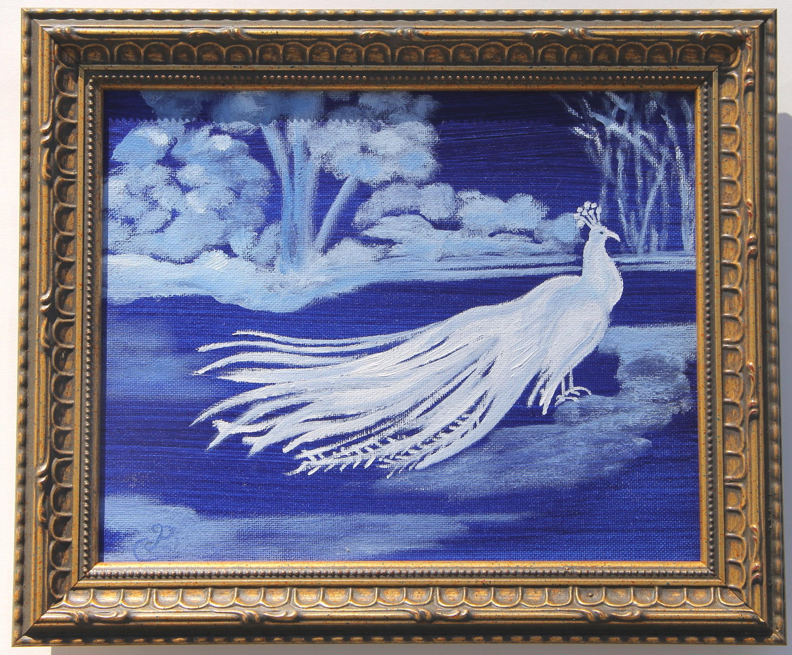 Peacock Bird Landscape Impressionism Realism Chinoiserie Blue White Original Oil Painting Cleo Plowd - 3