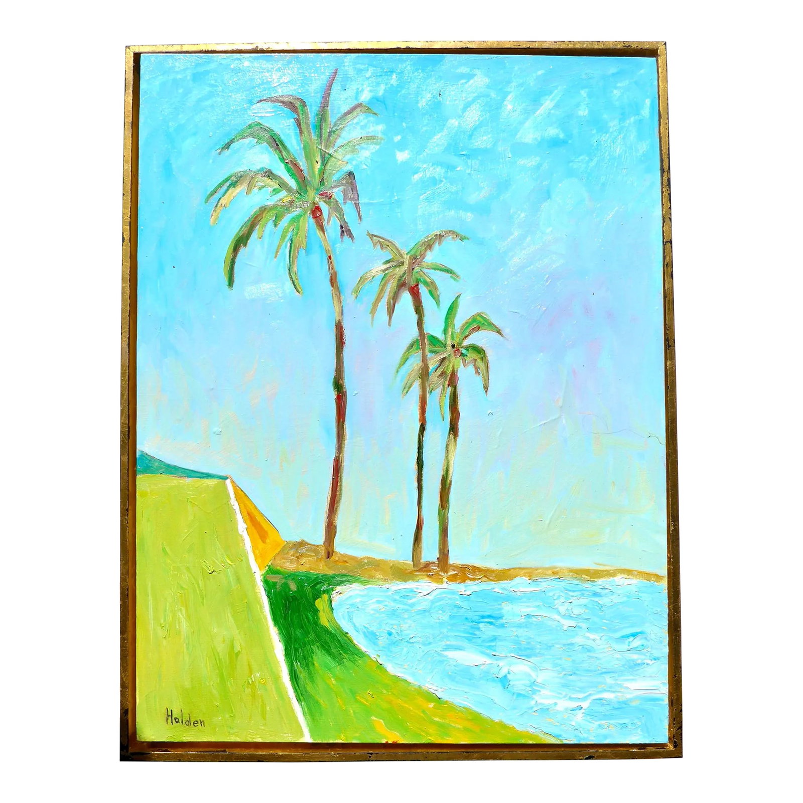 Three Palms at Sunset: Original painting from a private collection Summer SALE!! Over 45 people have liked this painting, be the one to own it....Plein air oil painting of three palm trees in the breeze on a beach at