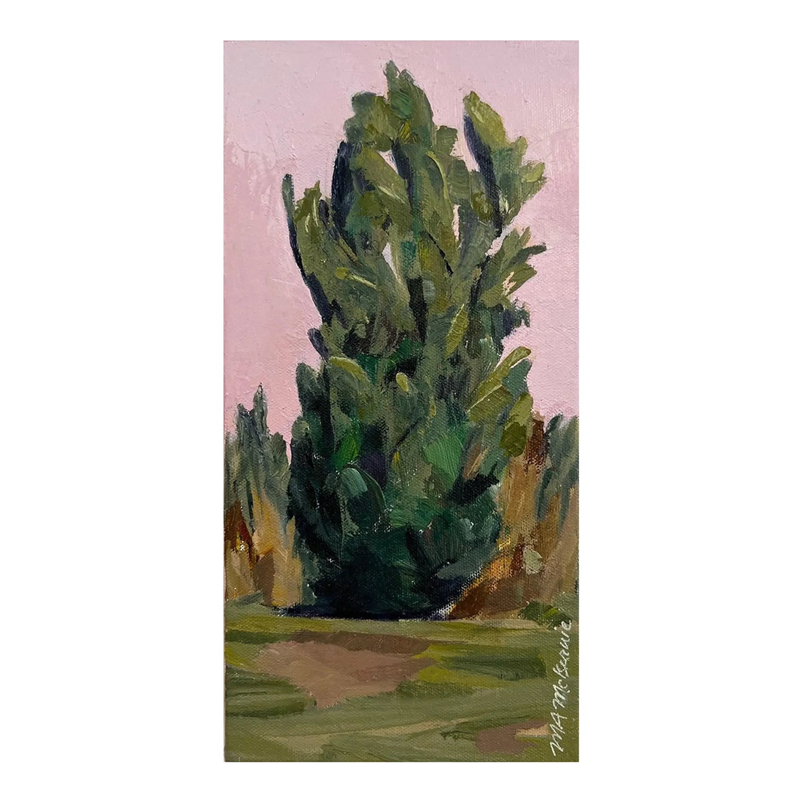 "Skyrocket" Contemporary Impressionist Foliage Landscape in Green and Pink by Mill Valley Artist Mar: A juniper tree against a pink sky. Condition: Imperfections: No Imperfections Condition Notes: Original (New) - Mint Origin: United States Materials & Techniques: Acrylic Paint, Canvas