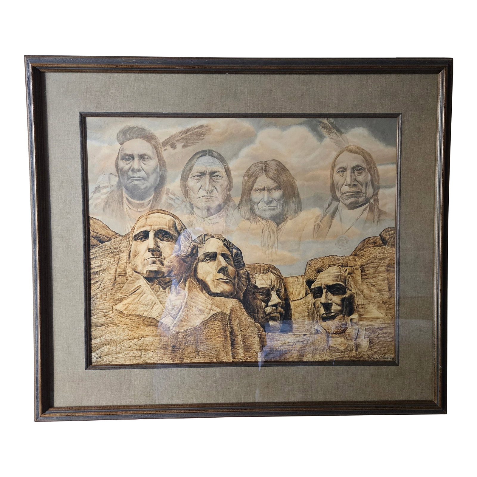 Late 20th Century Nicely Framed "Founding Fathers" Print Signed by Artist David Behrens: Beautiful signed print recognizing the contributions of indigenous forefathers toward the building of our great nation. Elegantly framed, this print is ready to hang in your home or office!