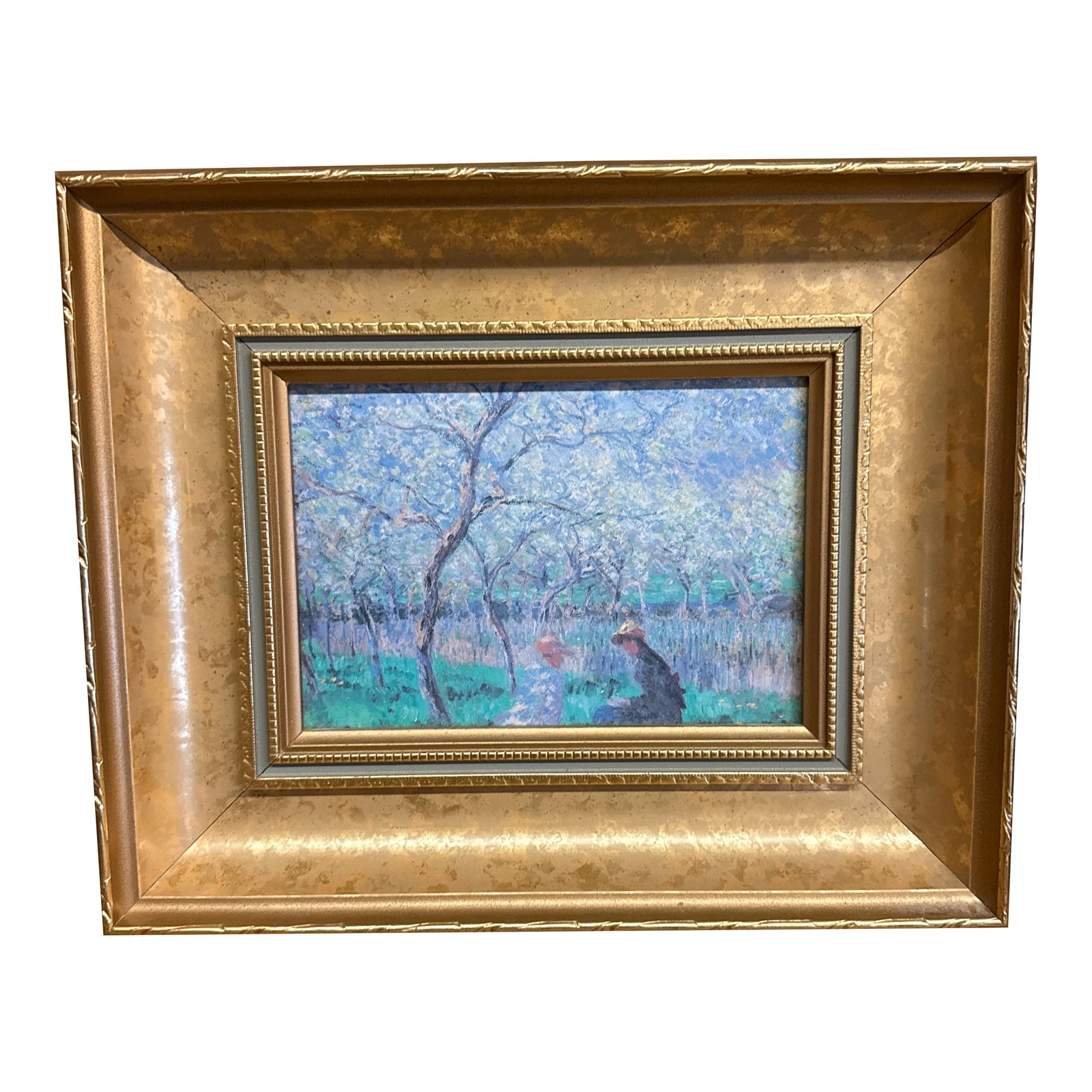 1990s Very Fine Antique Reproduction Oil Painting of Monet's Le Printemps in Thick Gold Frame. Artis: Beautiful petite oil painting of Monet's Le Printemps. Oil on hardboard - original painting. Nice deep gold frame. 11"x 9.5" x 2" Condition: Alterations: Original Condition Unaltered Imperfections: So
