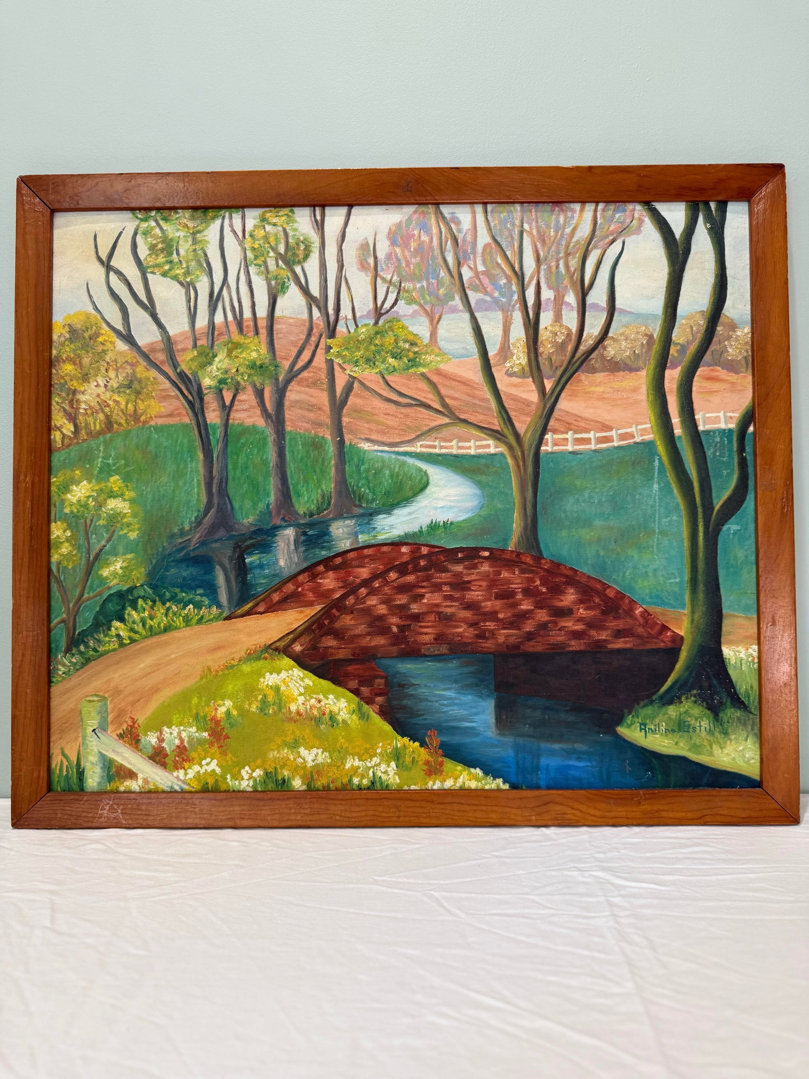 Vintage Landscape Oil Painting of Red Bridge and Country Stream - Signed Aniline Estill - 12