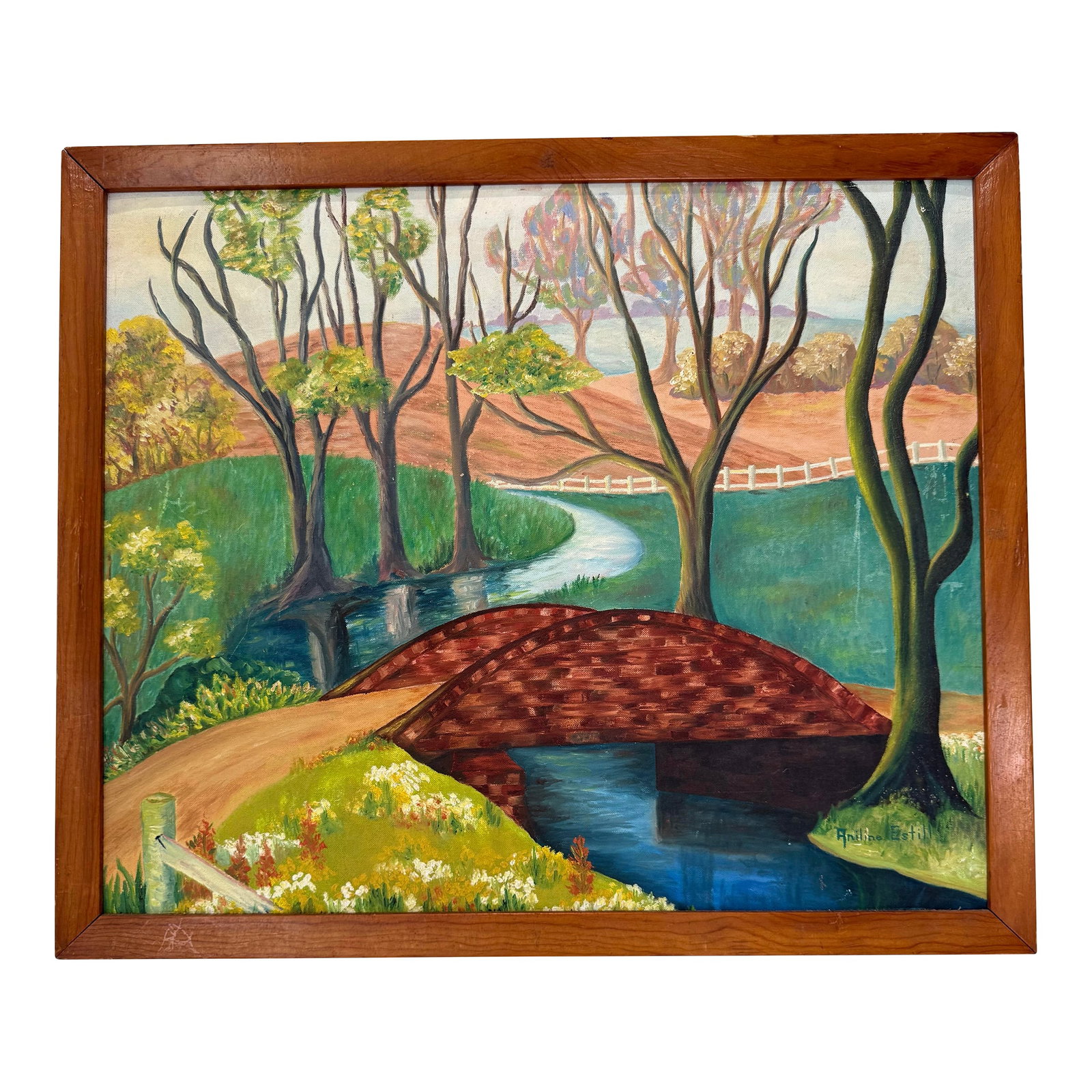 Vintage Landscape Oil Painting of Red Bridge and Country Stream - Signed Aniline Estill: Charming mid-century landscape oil painting signed Aniline Estill, featuring a peaceful country scene with a red arched bridge spanning a winding stream. The composition captures a serene pastoral vie