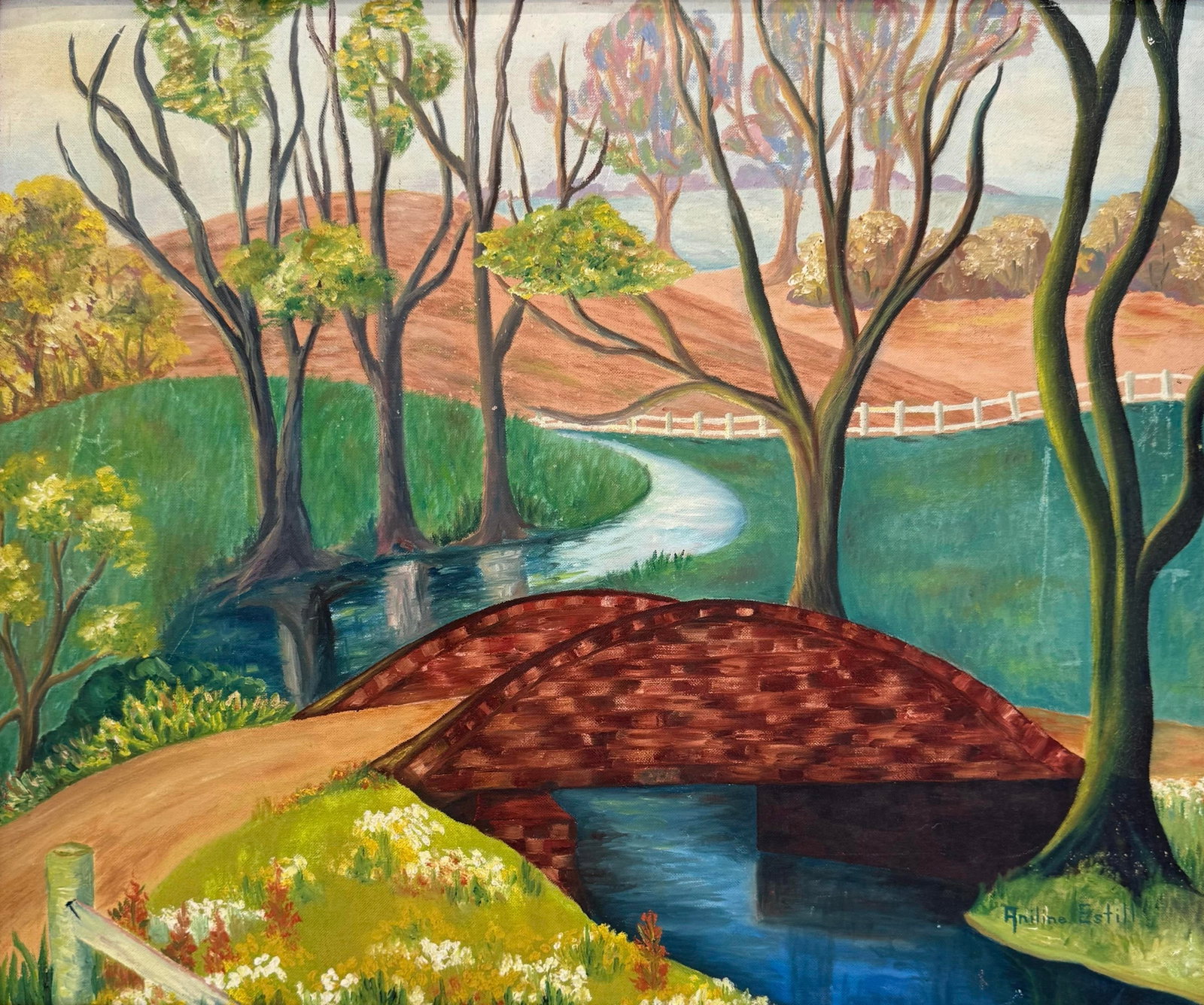 Vintage Landscape Oil Painting of Red Bridge and Country Stream - Signed Aniline Estill - 3
