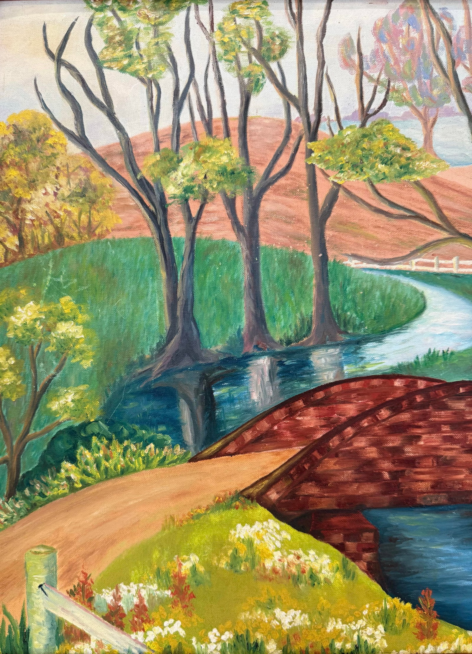 Vintage Landscape Oil Painting of Red Bridge and Country Stream - Signed Aniline Estill - 4