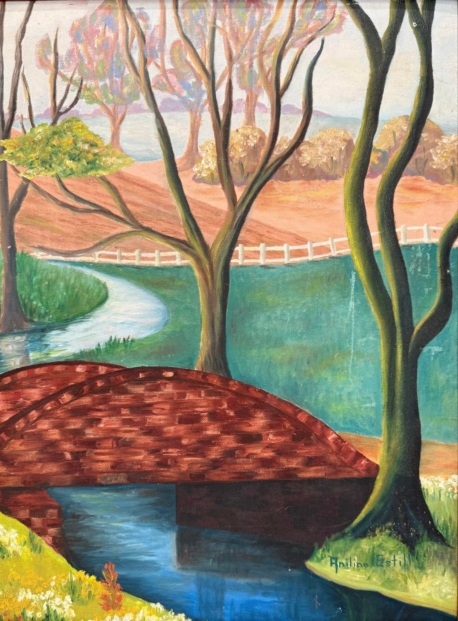Vintage Landscape Oil Painting of Red Bridge and Country Stream - Signed Aniline Estill - 5