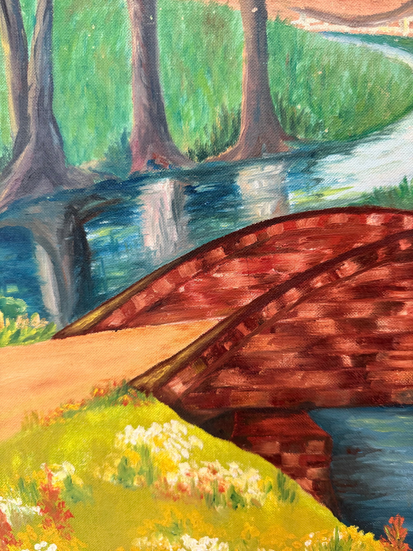Vintage Landscape Oil Painting of Red Bridge and Country Stream - Signed Aniline Estill - 6
